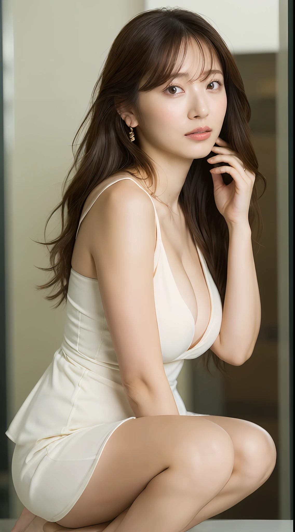 ((best quality, 8k, masterpiece: 1.3)), sharp: 1.2, perfect body beauty: 1.4, slender abs: 1.2, ((layered hairstyle, big breasts: 1.2)), (bandeau dress white: 1.1 ), city streets: 1.2, highly detailed facial and skin textures, detailed eyes, double eyelids, long brown hair, thin dress, hands behind, squatting, slightly revealing panties, revealing cleavage.