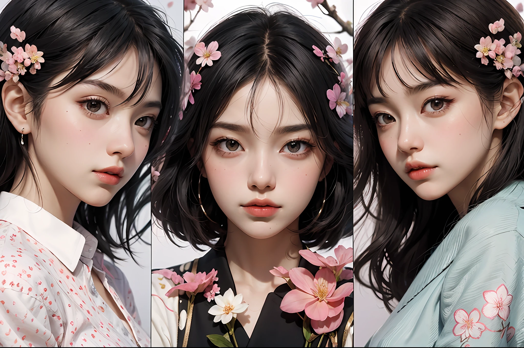 5 girls, side by side without gaps, line up, multiple hair, multiple faces, front view, character focus, black divider, one beautiful and delicate portrait of playful cute girl with cherry blossom petals floating in the background, creative art poster, creative, art,