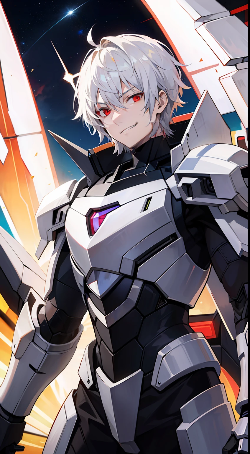 adult man, short white hair, red eyes, Decepticon armor, Starskrim, smirk, flying, Masterpiece, hiquality