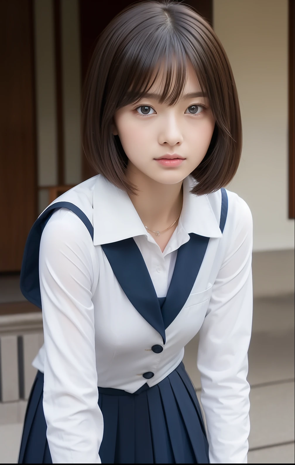 Coastline roads、frontage、Angle from below、Short-cut hairstyles 、Women in Japan、Pedaling a bicycle、Hold the bicycle steering wheel with your hands forward、Sit in the saddle of a bicycle、ulzzang-6500-v1.1, (Raw foto:1.2), (Photorealsitic:1.4),　White panties、 a beautiful detailed girl, extremely detailed eye and face, beatiful detailed eyes, huge filesize, hight resolution, ighly detailed, top-quality, ​masterpiece, ((Japanese girls' high school uniform)), ighly detailed, CG, 8k wallpaper, magnifica, finely detail, top-quality, Highly detailed CG uniforms、 Light on the face、电影灯光、a 18 year old girl