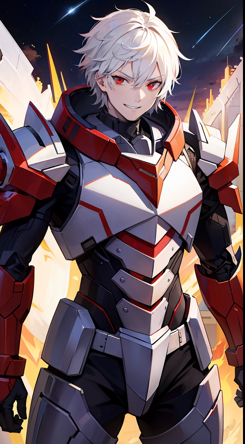 adult man, short white hair, red eyes, Decepticon armor, Starskrim, smirk, flying, Masterpiece, hiquality