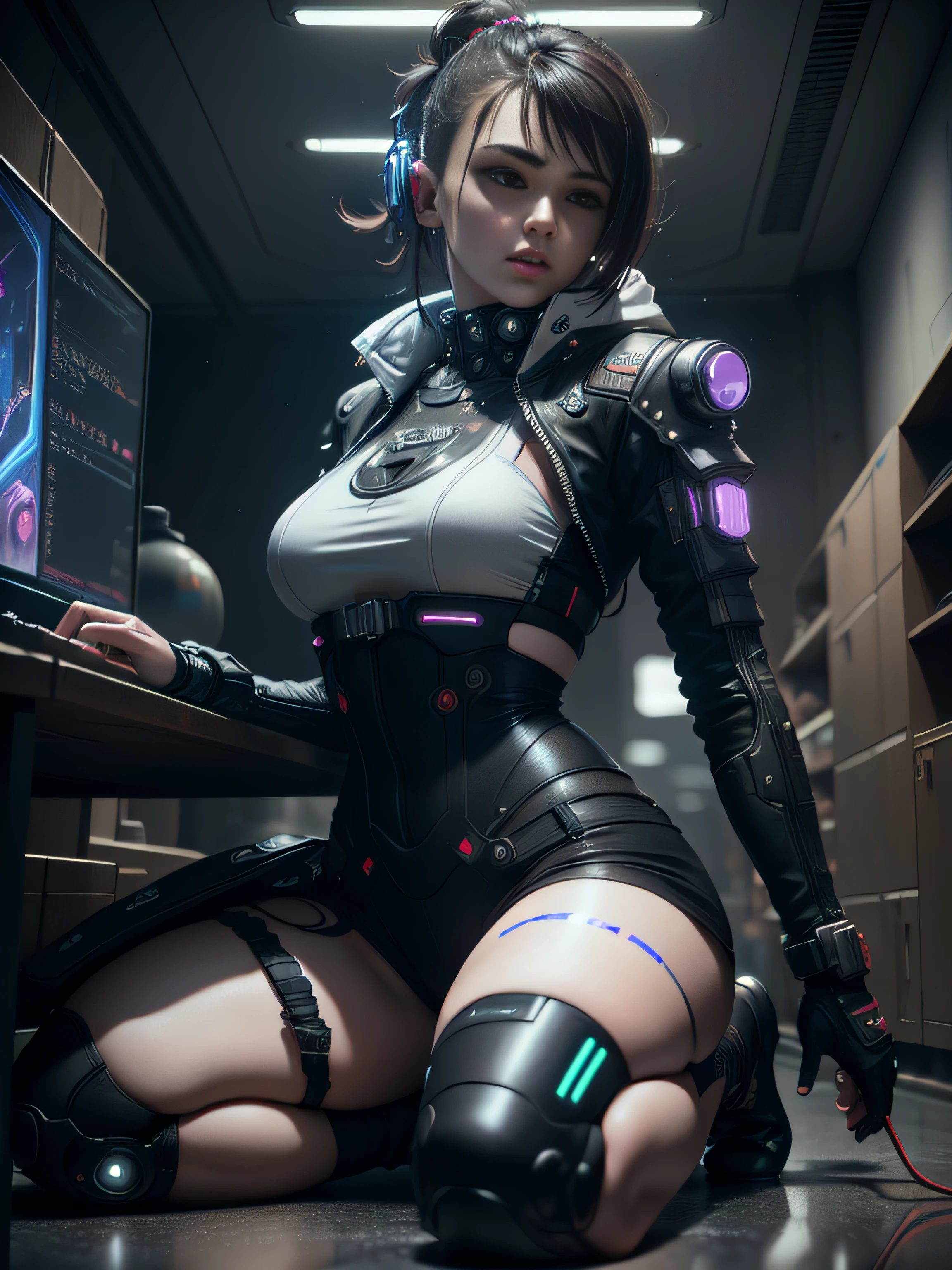 ((Best Quality)), ((Masterpiece)), (Very Detailed:1.3), 3D, Beautiful (Cyberpunk:1.3) Female hacker, Mohican hairstyle, kneeling on the ground, thick hair, operating computer terminals, head-mounted displays, computer servers, LCD screens, fiber optic cables, company logos, HDR (High Dynamic Range), ray tracing, NVIDIA RTX, Super Resolution, Unreal 5, Subsurface scattering, PBR textures, post-processing, anisotropic filtering, depth of field, Maximum sharpness and sharpness, multi-layered textures, albedo and highlight maps, surface shading, accurate simulation of light-material interactions, perfect ratios, octane rendering, duotone lighting, low ISO, white balance, rule of thirds, wide aperture, 8K RAW, efficient sub-pixels, subpixel convolution, luminous particles, dynamic pose