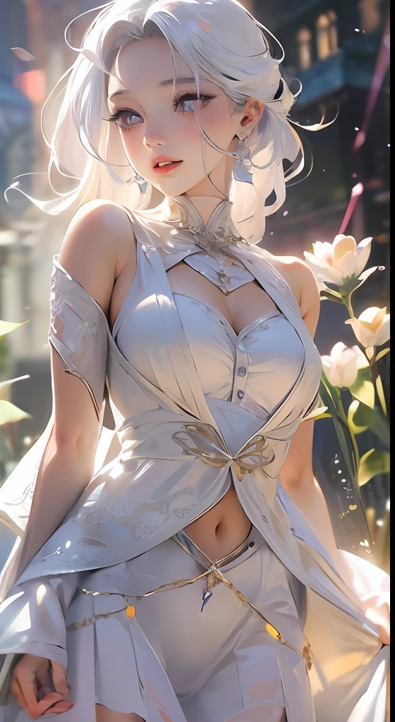 Realistic, 1girl, white hair, purple eyes, glowing eyes, cropped top, skirt, parted lips, blush, night, flowers, sun, sunlight, white skirt, short skirt, medium length hair, real, warm colors, white short Dress, white clothes, light background color, day environment, bright color background, saudi, ocean, cute,