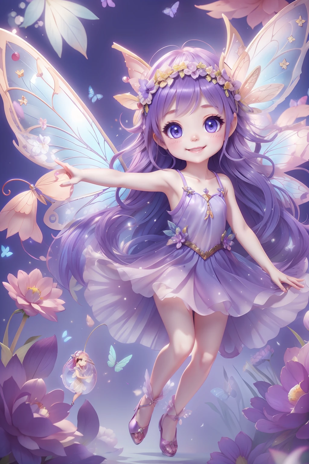 Cute fairy with a sense of transparency、Bright smile、Have fun playing、Beautiful background、Bright background、Purple background
