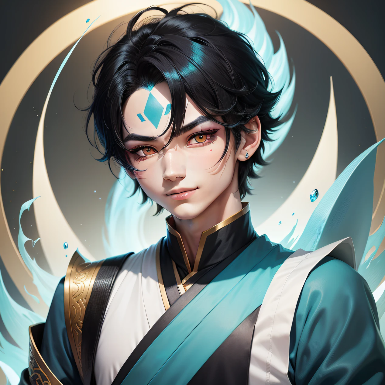 Cartoon boy with black hair mixed with cyan,Hanfu,Gold eyes,There are diamond-shaped markings on the forehead,Gentle smile,Hair grows to the shoulders,Red eyeshadow,white backgrounid,Clothes are inky