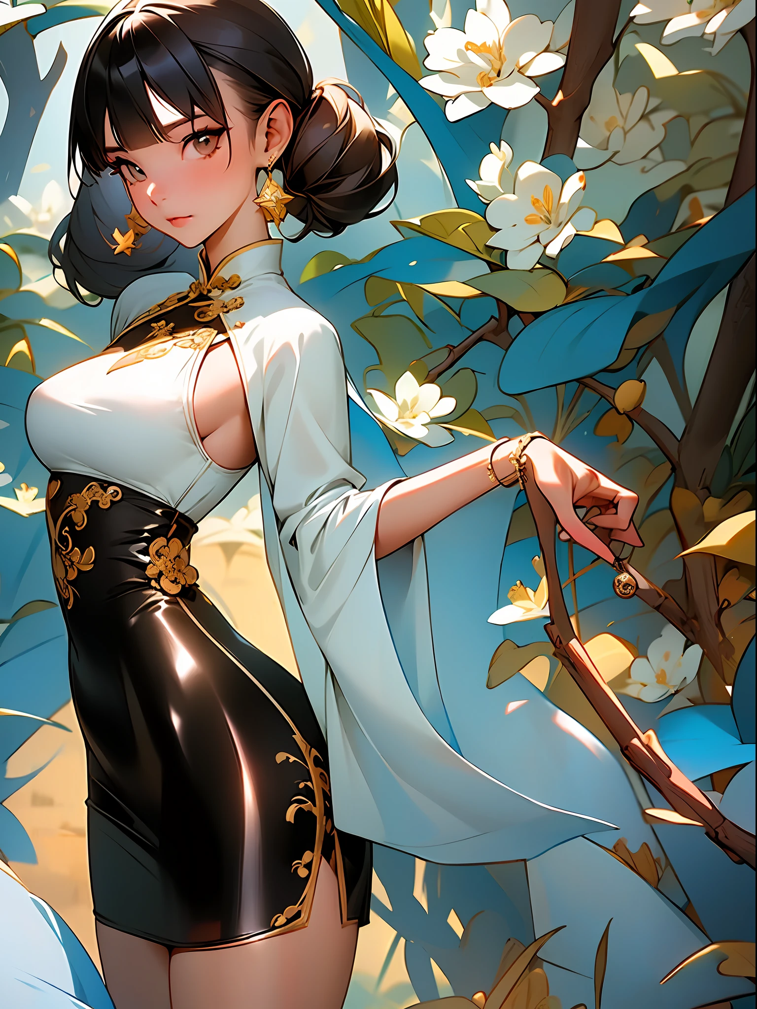 girl,full body,(detailed face:1.2), masterpiece, fashion,chinese dress,, medium hair, black hair, twintails, blunt bangs, brown eyes,