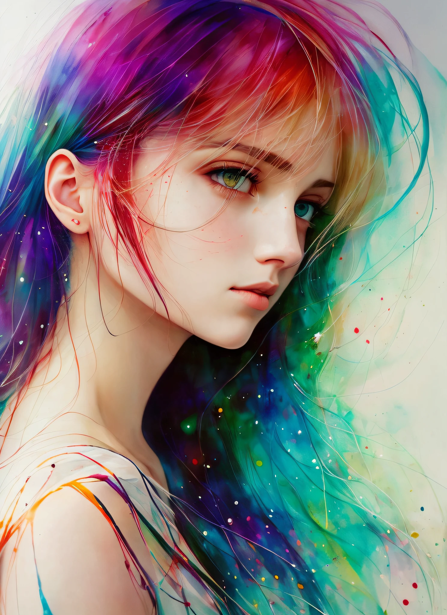 una mujer de agnes cecile, luminous design, colores pastel, gotas de tinta, luces de verano