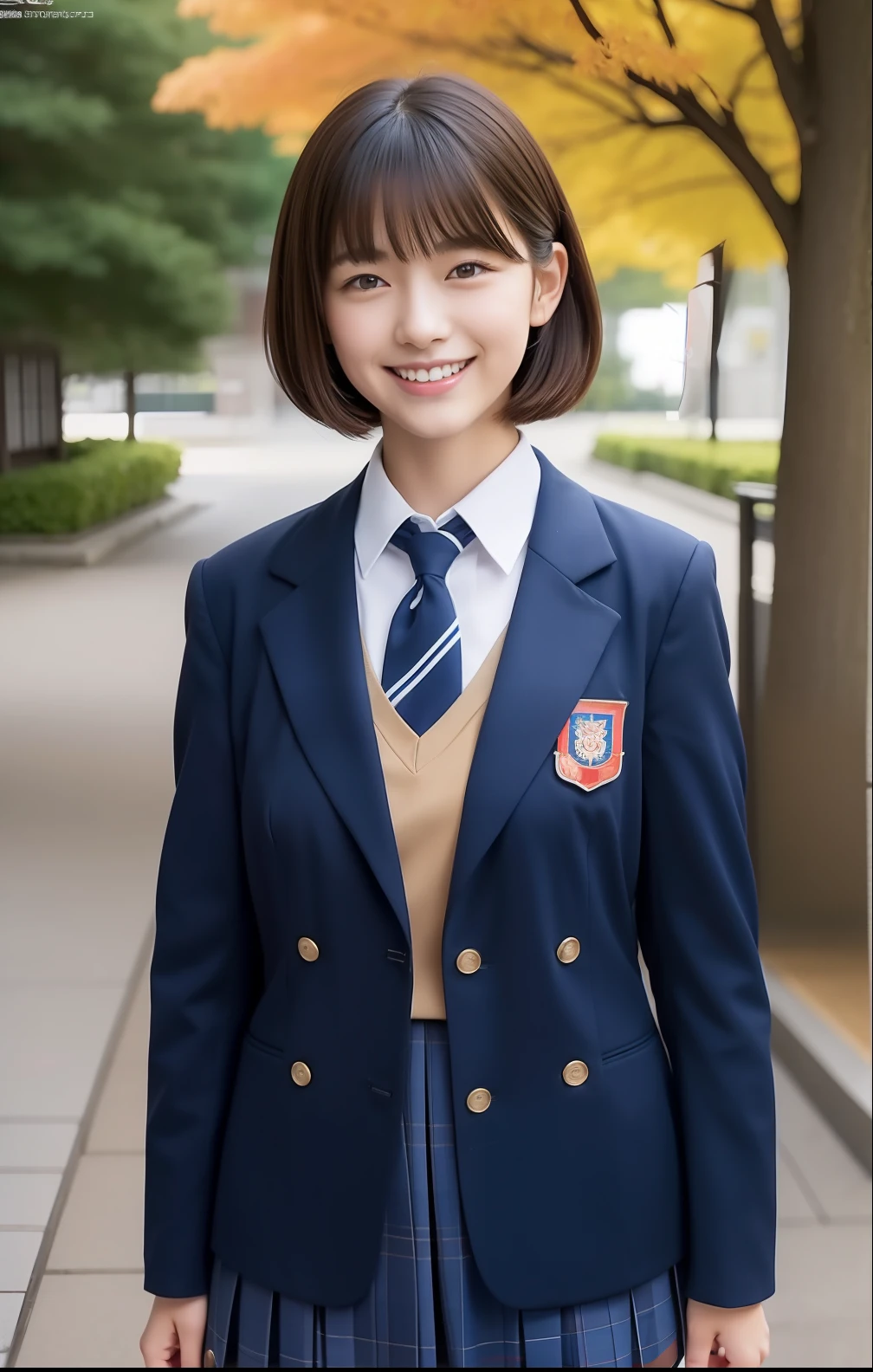 Short-cut hairstyles 、Women in Japan、Autumn School Building、skinny legs、Extraordinary Beauty、Cute face、The best smile、Cute smile、frontage、slender、schools、 (Raw foto:1.2), (Photorealsitic:1.4), a beautiful detailed girl, extremely detailed eye and face, beatiful detailed eyes, huge filesize, hight resolution, ighly detailed, top-quality, masterpiece, ((Japanese girls' high school uniform)), ighly detailed, CG, 8k wallpaper, magnifica, finely detail, top-quality, Highly detailed CG uniforms、 Light on the face、电影灯光、18year old