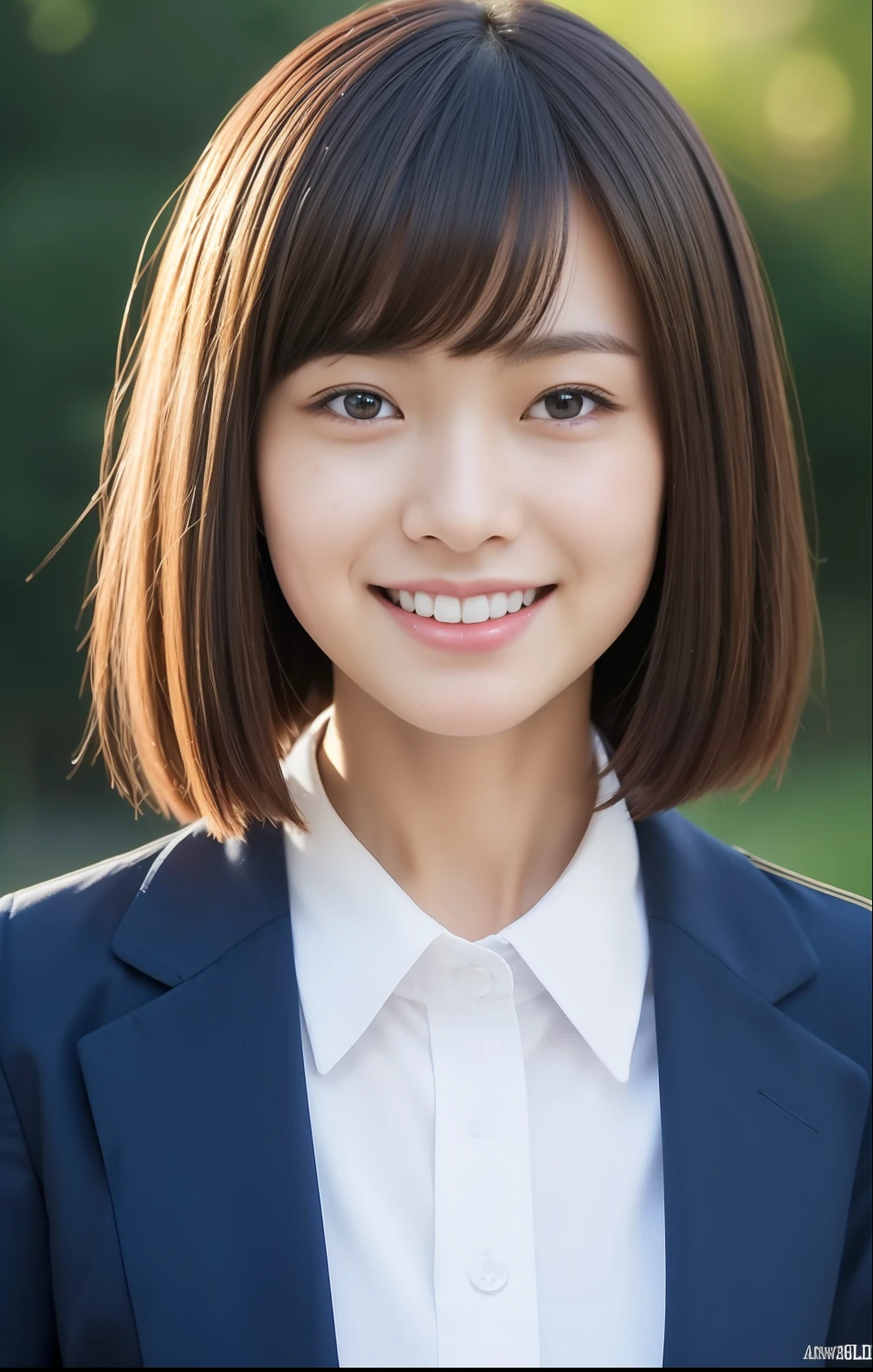 Short-cut hairstyles 、Women in Japan、Autumn School Building、skinny legs、Extraordinary Beauty、Cute face、The best smile、Cute smile、frontage、slender、schools、 (Raw foto:1.2), (Photorealsitic:1.4), a beautiful detailed girl, extremely detailed eye and face, beatiful detailed eyes, huge filesize, hight resolution, ighly detailed, top-quality, masterpiece, ((Japanese girls' high school uniform)), ighly detailed, CG, 8k wallpaper, magnifica, finely detail, top-quality, Highly detailed CG uniforms、 Light on the face、电影灯光、18year old