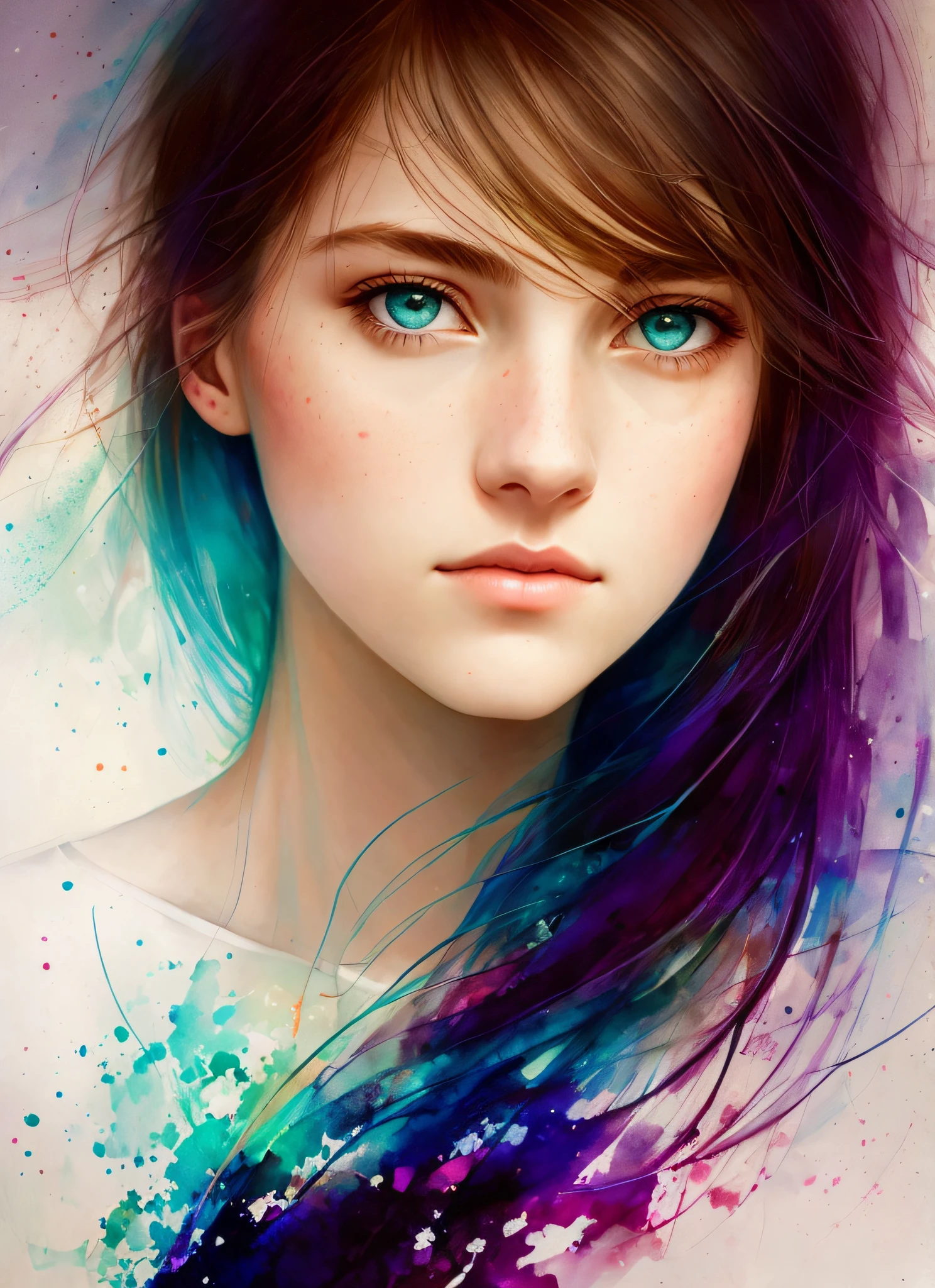 una mujer de agnes cecile, luminous design, colores pastel, gotas de tinta, luces de verano