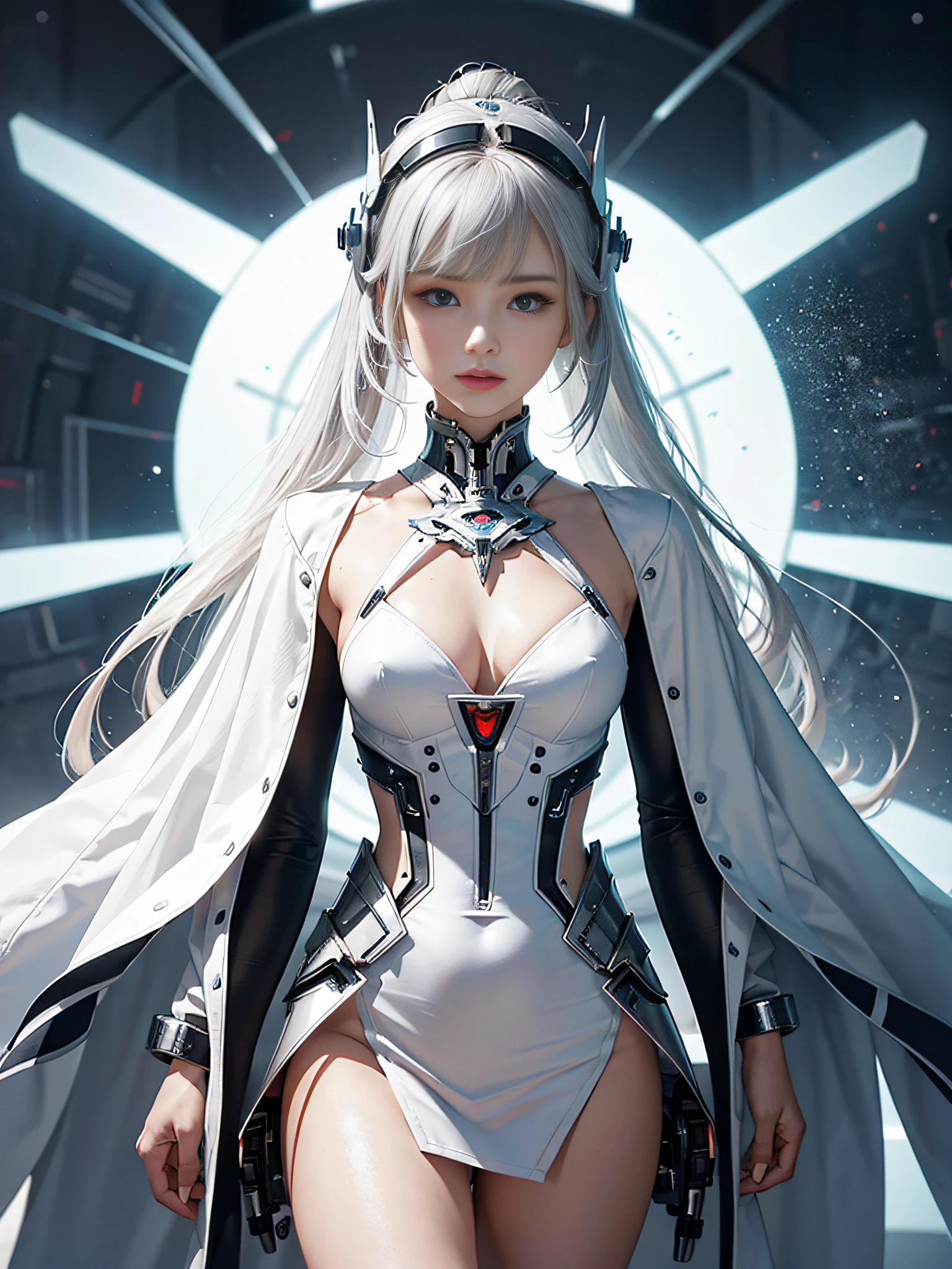 Wearing a silver-white mech，A girl with a delicate face，Best picture quality，ultraclear，The facial features are delicate and clear，Armageddon，machine arm，Exquisite details，Mecha pattern