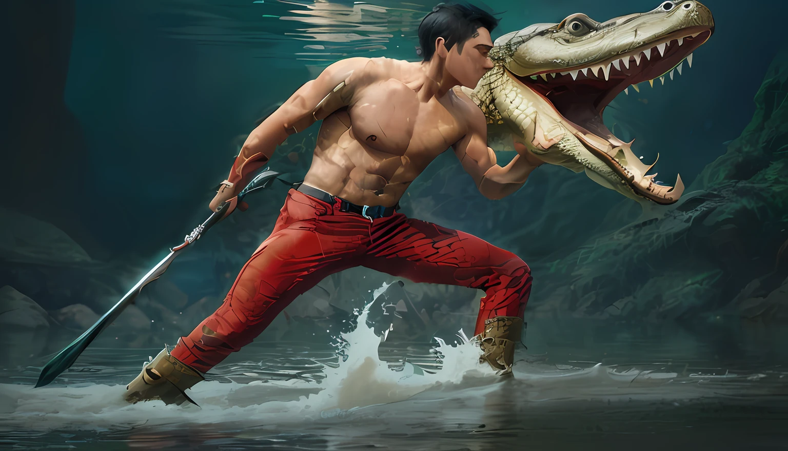 There was a man holding a spear and a crocodile in the water.., Inspired by Rudy Siswanto, Half a shark, half crocodile, Half a person.., Stunning action photography, Joe Taslim, Roberto Ferri and Ruan Jia, Photo management, by Rudy Siswanto, inspired by Abidin Dino, Crocodile Loki, Photoshop Water Management, by Arthur Pan, By Basuki Abdullah