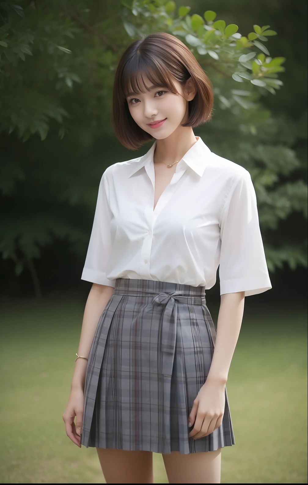 8k RAW photo, top-quality, masterpiece, 超A high resolution、 filmg, 1girl, looking at the viewers, natural skin textures, realistic eyes and face details,Short-cut hairstyles 、Japan Woman Full Lips, lipsticks, (makeup), red eye shadow, fluffy short hair, a smile, closes mouth, beautiful legs, skiny, Pose with your buttocks facing you, Ultra short skirt, buttock, The shirt, Beautiful natural places, Around the position of the flower, (细致背景), Plaid skirt, white shirt, Show a little cleavage through the shirt, lowfers, blurry backround,ngel, Plaid, shortsleeves, JK ribbon on neck, JK Ribbon, A bracelet, Eau, bangss, 校服, pleatedskirt, depth of fields