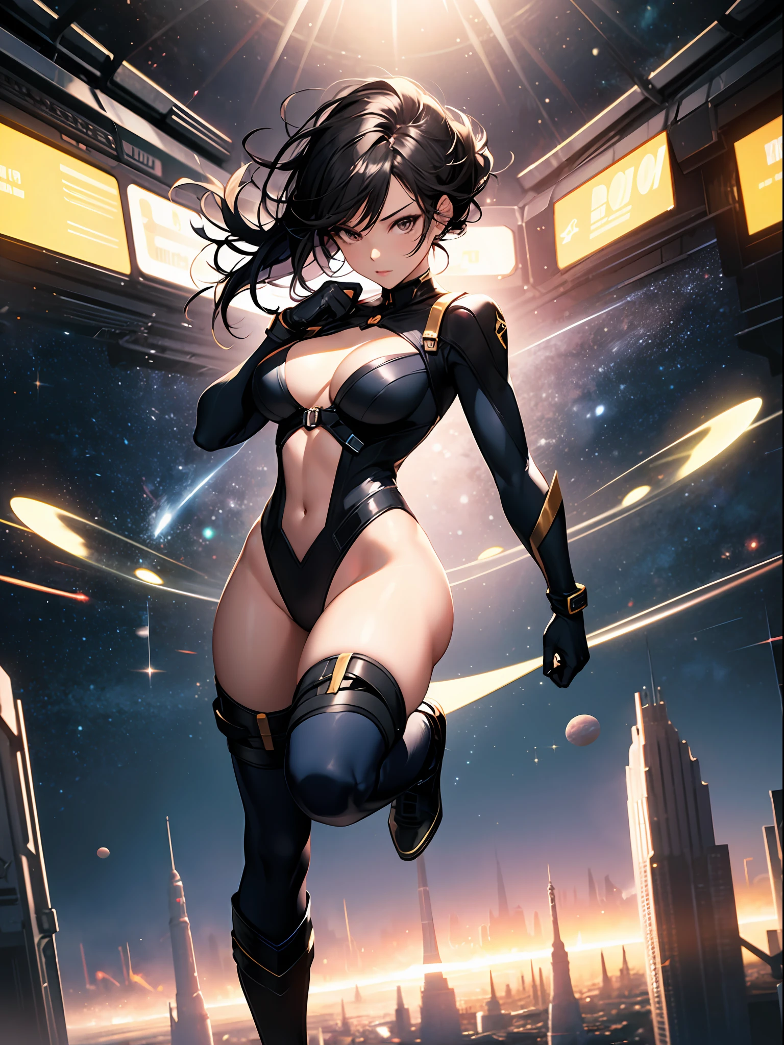 masterpiece, best quality, pretty woman, black hair, superhero, dynamic pose, leotard, bare legs, knee boots, gloves, flying, space backdrop