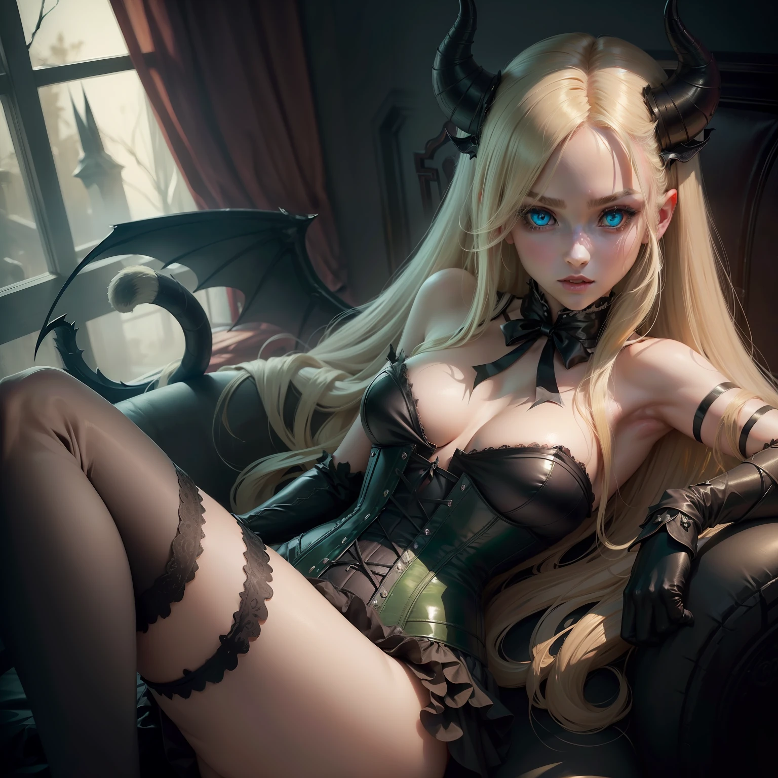 (((Perfect eyes))), ((Perfect limbs))), ((Perfect feature))),Realistic masterpiece of a demon girl with long blonde hair, a corset, horns, black wings, cat eyes, and perfect green eyes in a dark environment.