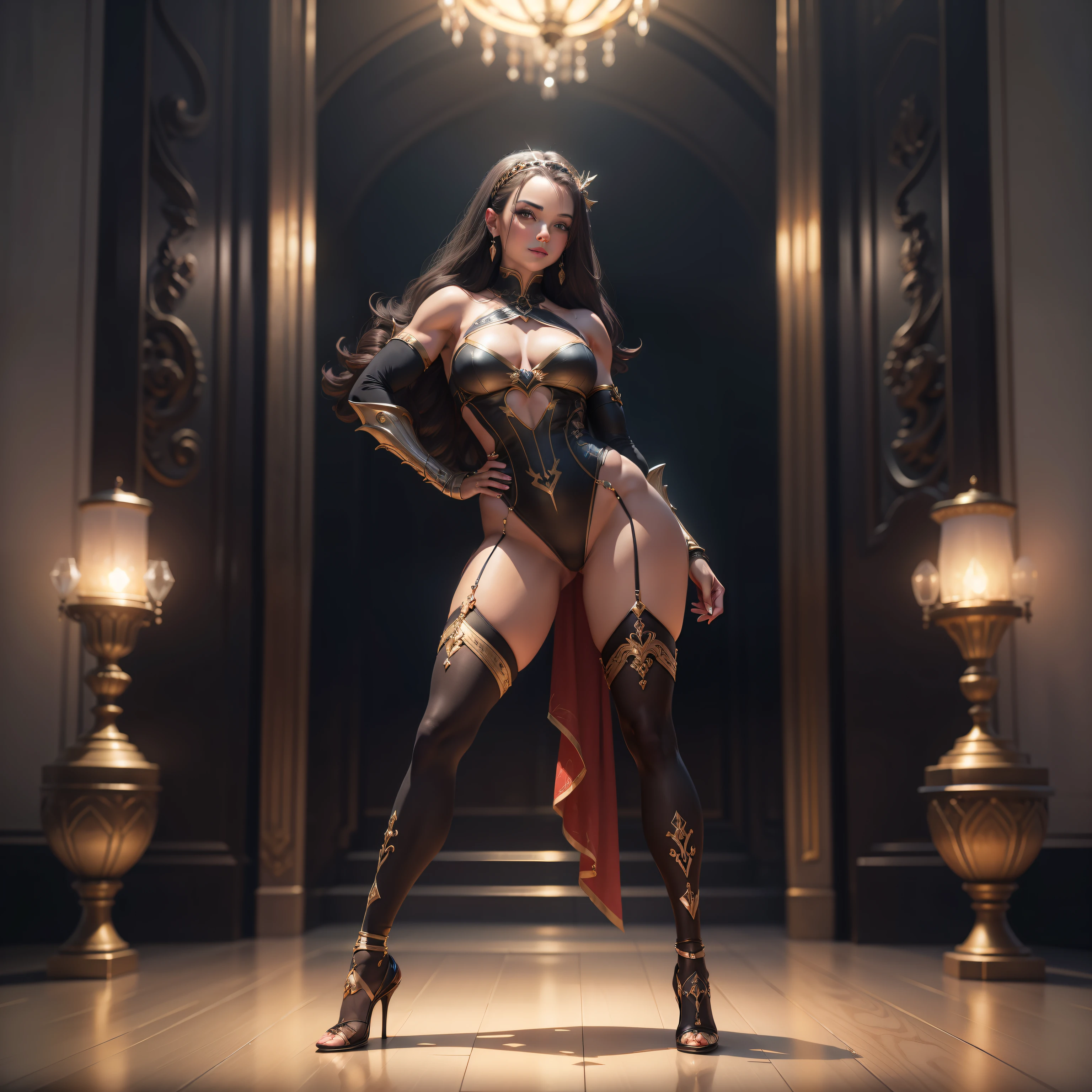 muscular woman,gladiator,Very much loot,Must be a full-body image, There must be only one person in the whole picture, All high heels must be displayed in their entirety, The entire leg must be displayed in full, Extra-long gloves must be worn, Extra long stockings must be worn, High heels must be worn, It is forbidden to appear men, heart in eye, seductive smile, crystal earrings, forehead jewel, ta hairband, hair strand, ray tracing, from below, chiaroscuro, cinematic lighting, high detail, tachi-e, UHD, masterpiece, ccurate, anatomically correct, super detail, textured skin, high details, high quality, best quality, highres, 16k