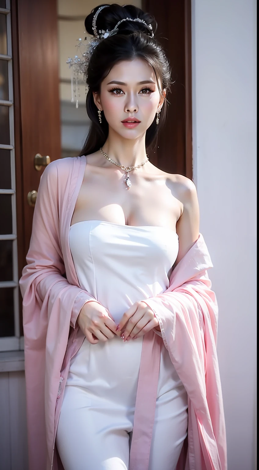 Fashion model 25 years old [[[[closeup cleavage]]]], [[[[boobgasm]]]], [[[[coll]]]], [[[[bshoulders]]]], perfect  eyes, Perfect iris，Perfect lips，perfect teeth，Perfect skin，Soft front light，hdr，Movie girl，Casual；（pastel colour：1.2）