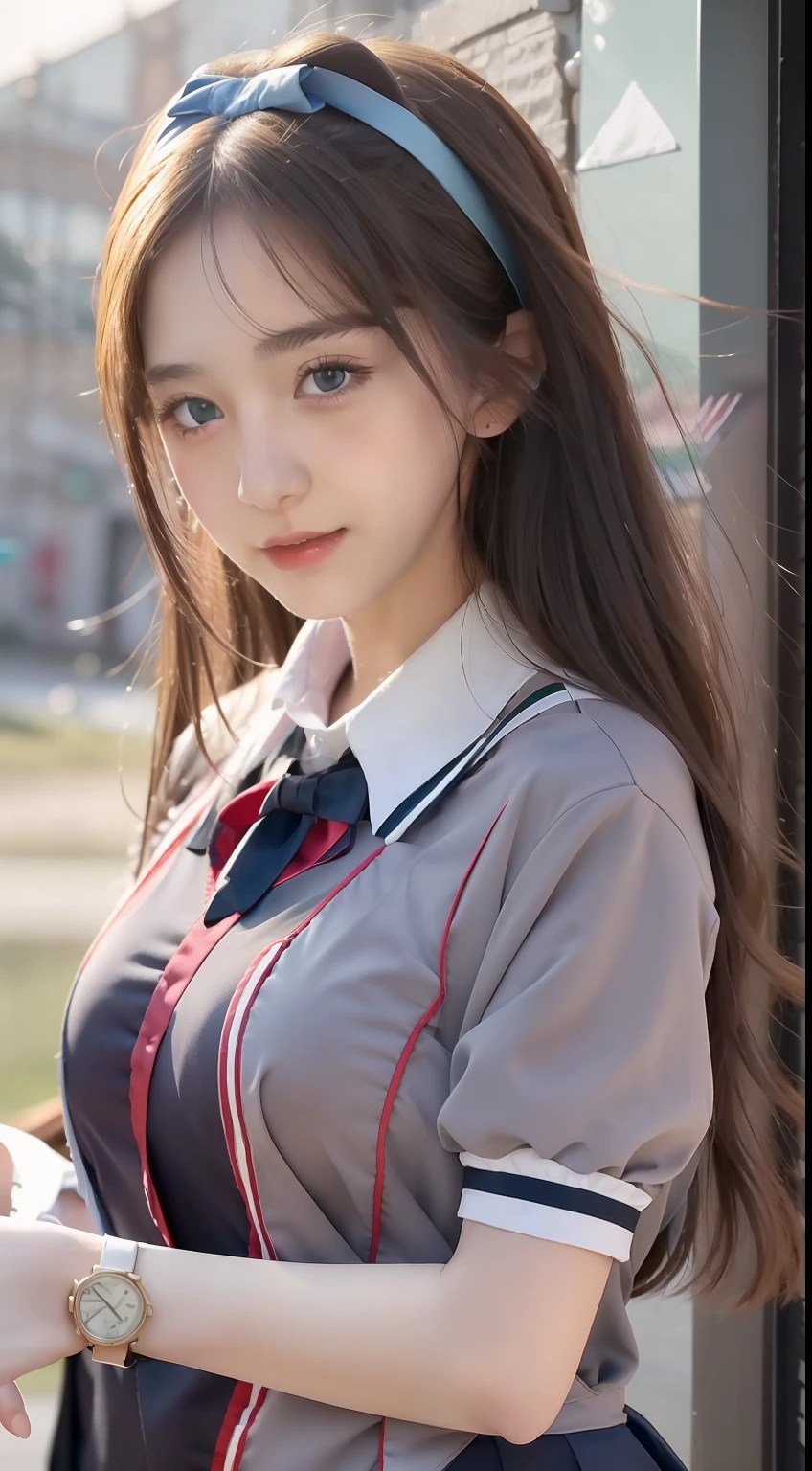 1girl, solo, (school uniform:1.4), green eyes, dress, looking_at_viewer, neck_ribbon, cute, clear facial skin, (best quality), (masterpiece:1.1)