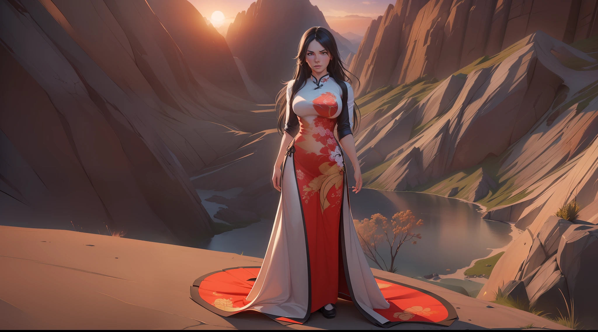 (( 1 woman standing)),(mountain), Realistic, Best Quality, (((wearing qipao))))), (big breasts: 1.7), ((sunset)), dynamic lighting, intricately , volumetric lighting, trending on Artstation, warm colors, ambient occlusion, 8K resolution, depth of field, ((Unreal Engine 5: 1.2)), ((master piece: 1.6)), (((perfect anatomy: 1.7))), ((detailed face: 1.7)), (((black long hair))), (((by Greg Rutkowski:1.2)))