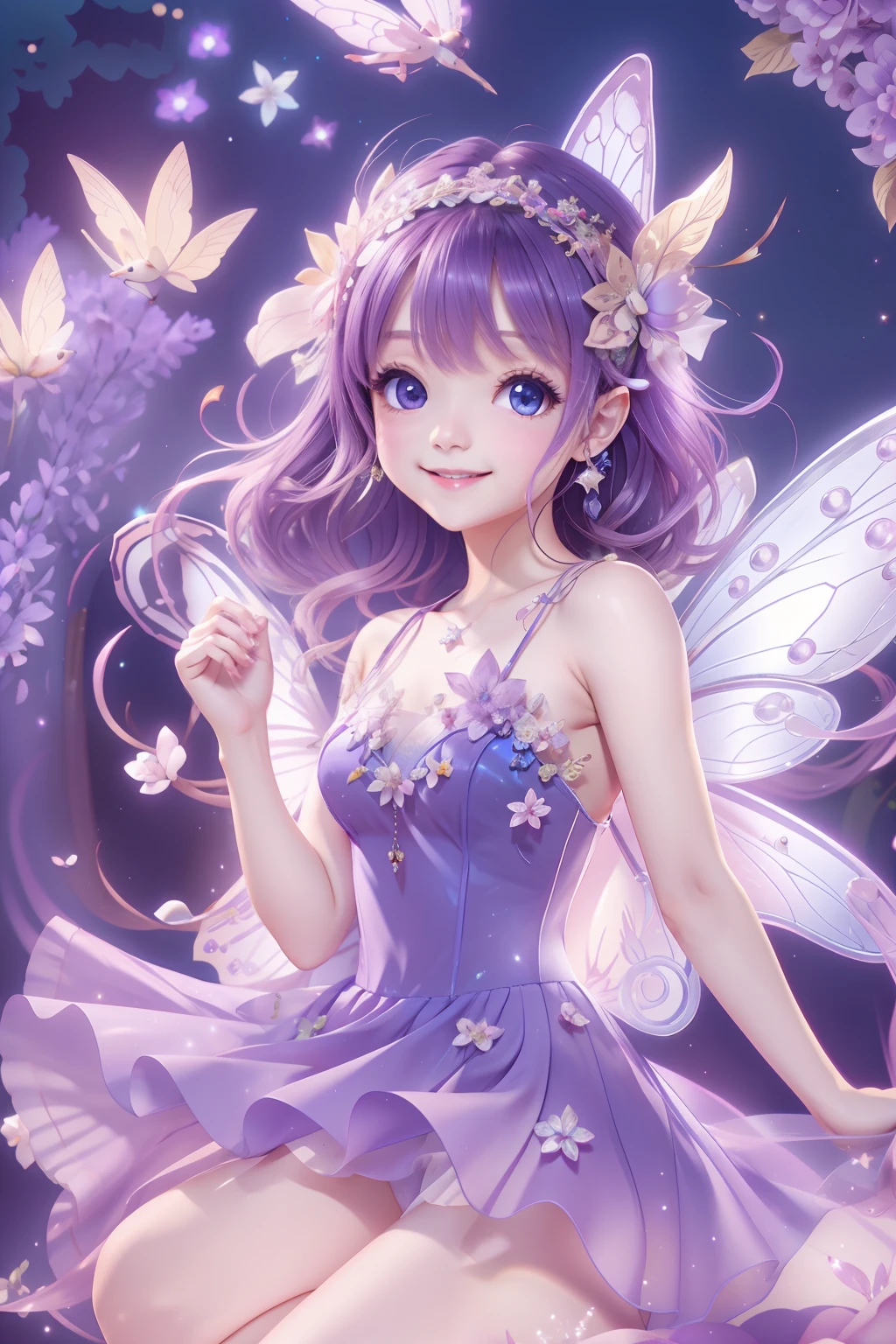 Cute fairy with a sense of transparency、Bright smile、Have fun playing、Beautiful background、Bright background、Purple background、Beautuful Women