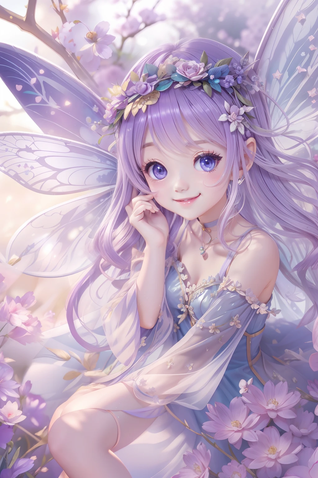 Cute fairy with a sense of transparency、Bright smile、Have fun playing、Beautiful background、Bright background、Purple background、Beautuful Women