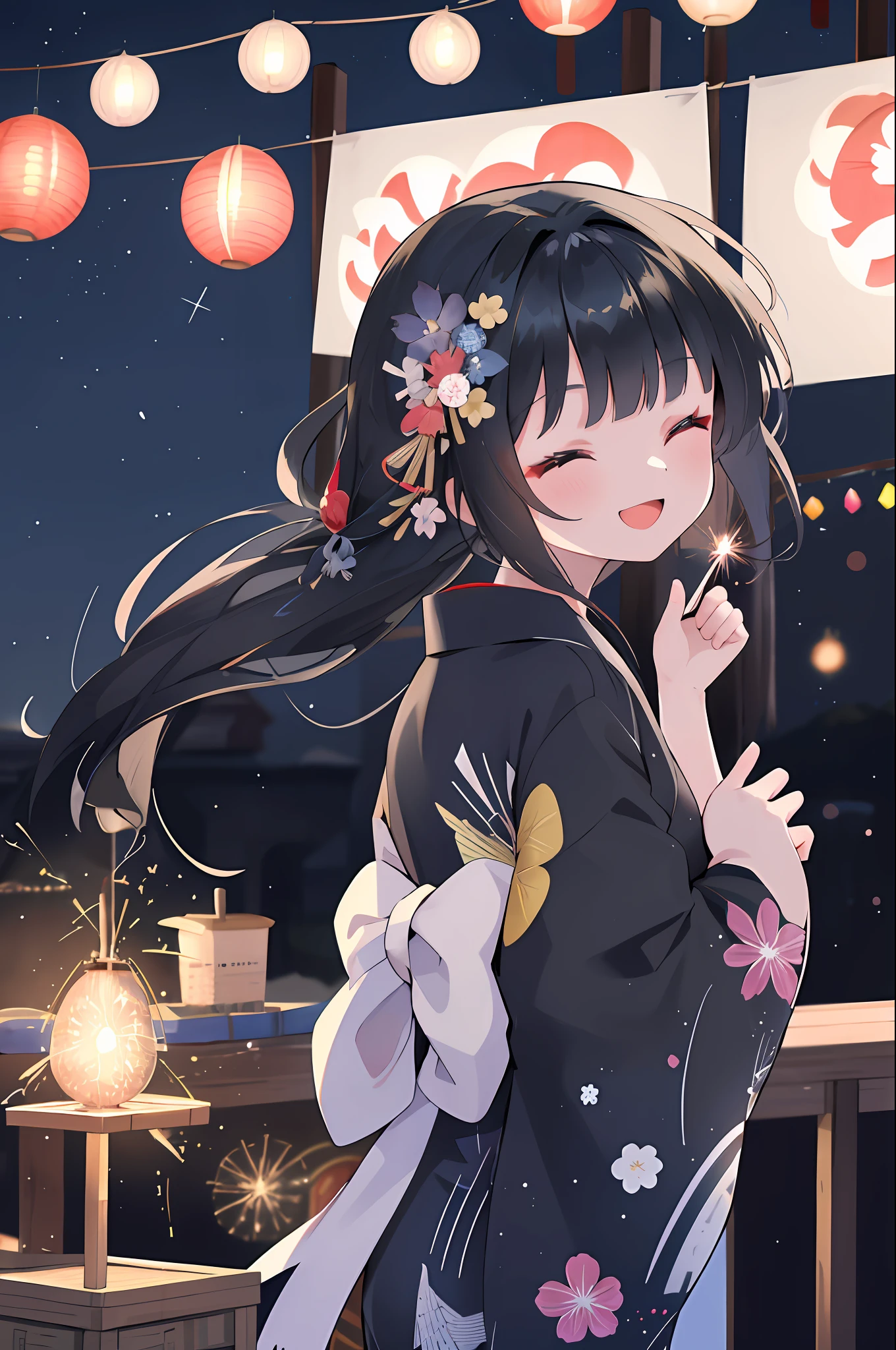 1 girl in、Long black hair、Hair swaying in the wind、floral Yukata、Summer Festivals、((Turn around))、Looking at the camera、navy blue yukata、Smile with open mouth、closed eyes smile、sparklers、Festival stalls、(High resolution of the highest quality)、((masterpiece best quality:1.2)), [[Bad face]], [[Multiple fingers]], [[[multiple limbs]]]