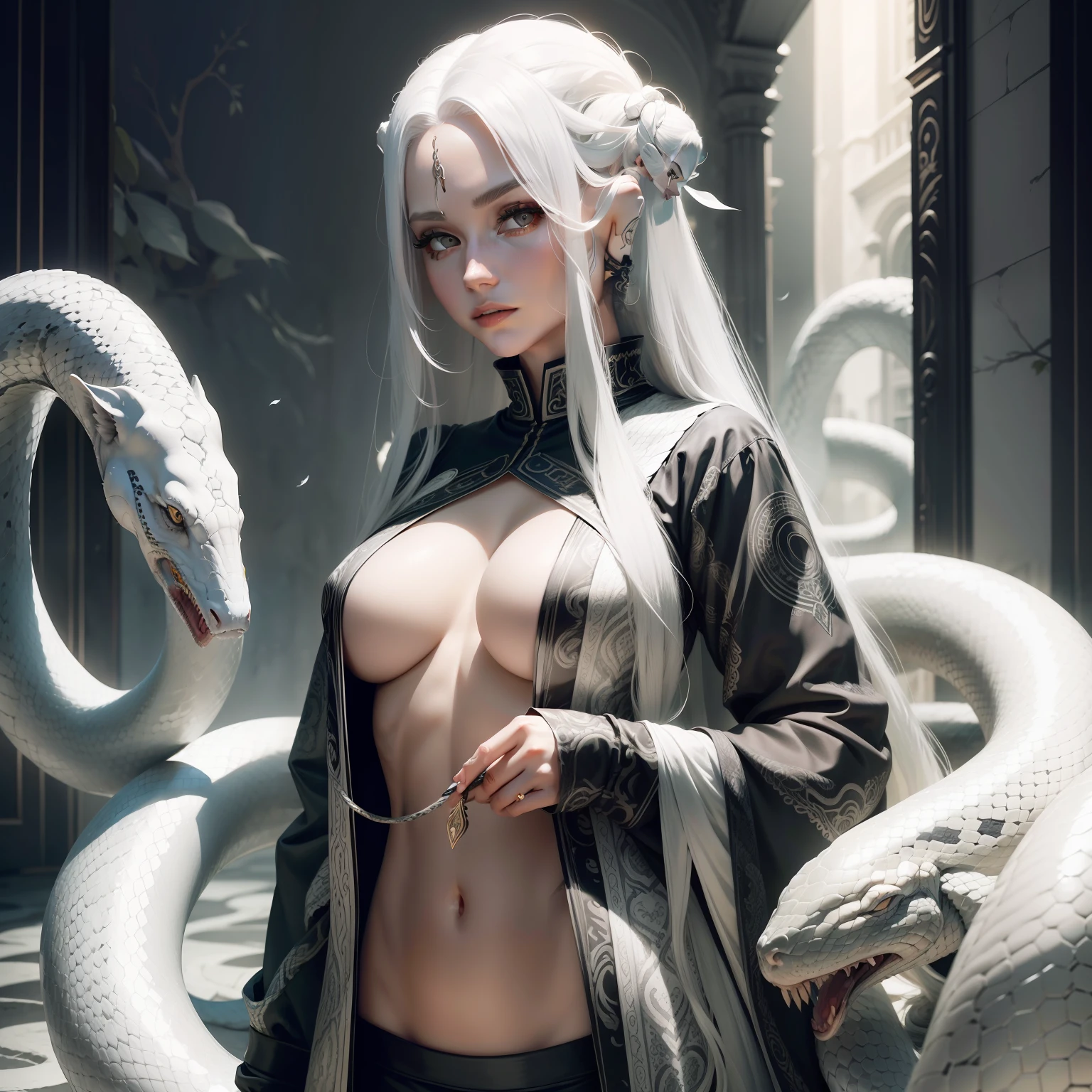 a serpent woman with long white hair, white and gray eyes, a snake tail, and several white snakes