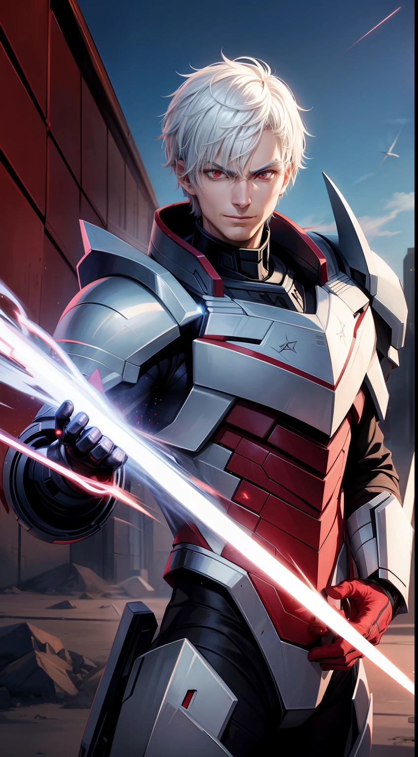 adult man, short white hair, red eyes, Decepticon armor, Starskrim, smirk, flying, Masterpiece, hiquality