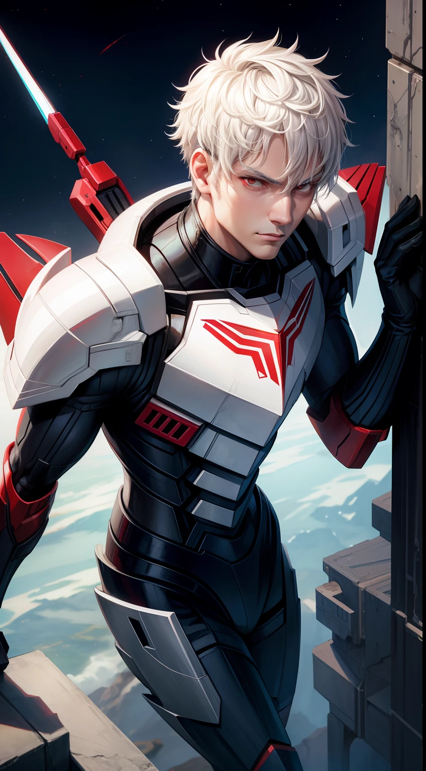 adult man, short white hair, red eyes, Decepticon armor, Starskrim, smirk, flying, Masterpiece, hiquality