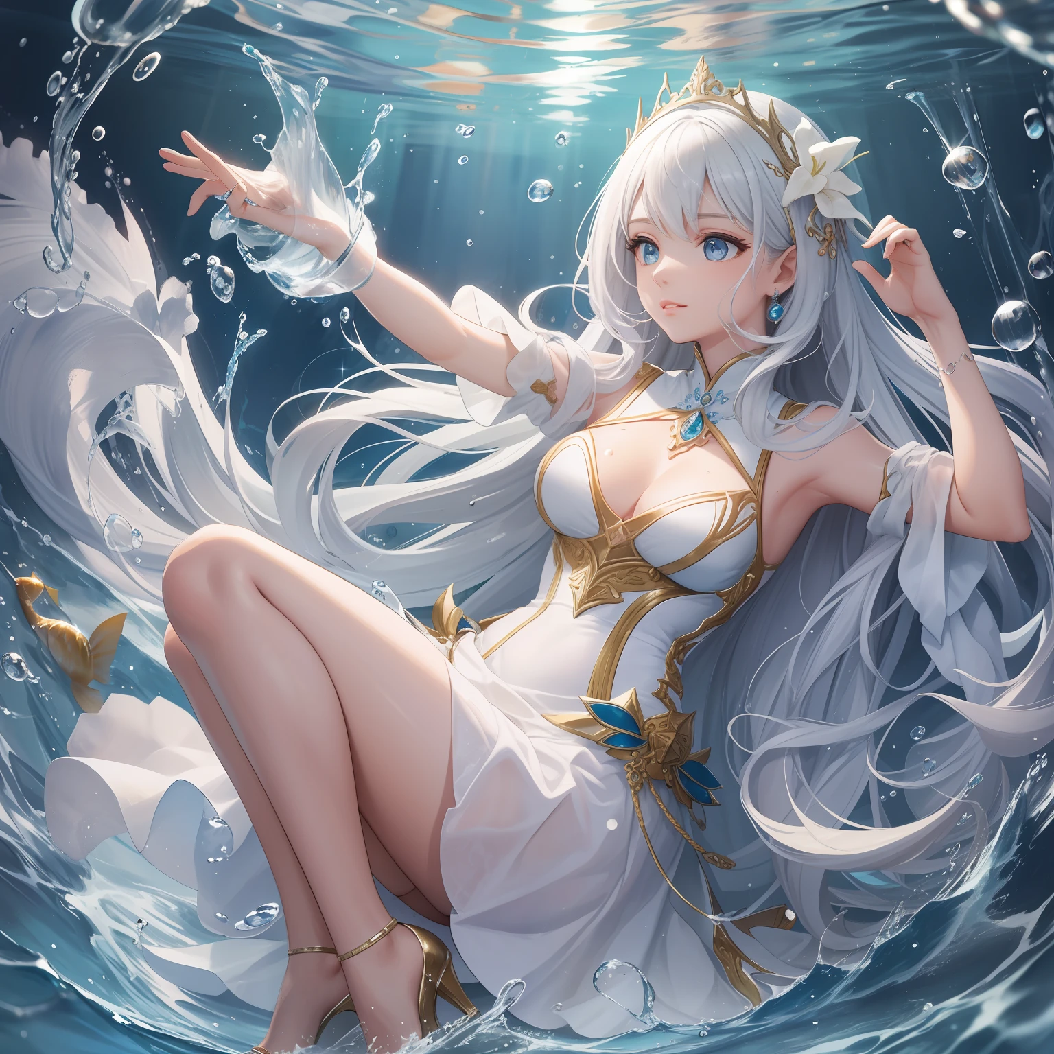 fish eye, Masterpiece, Top quality, Best quality, offcial art, Beautiful and aesthetic,A detailed,8K quality
water, (Flowing water),flowing water droplets,(splashing water drops),Water magic,Water Magic Practice,
1girll, Long hair, Water surrounds the girl's body,
White gold and light blue trimmed dress,Sexy high heels,Slim body
library,long white hair, Beautiful face,
Hand up, Fighting stance,friction ridge,High value