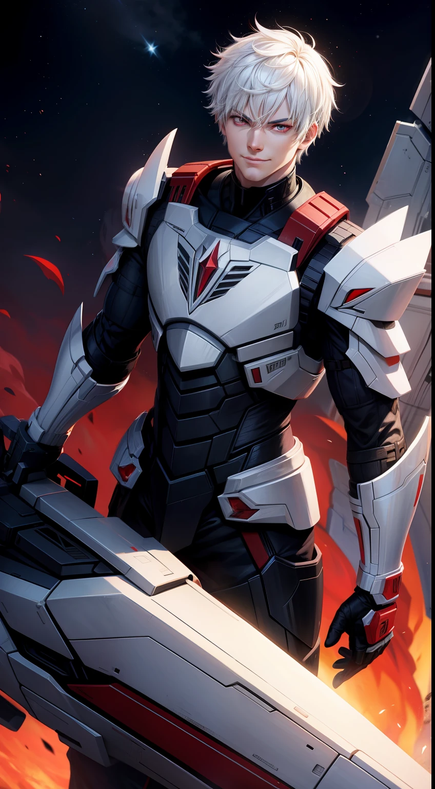 adult man, short white hair, red eyes, Decepticon armor, Starskrim, smirk, flying, Masterpiece, hiquality