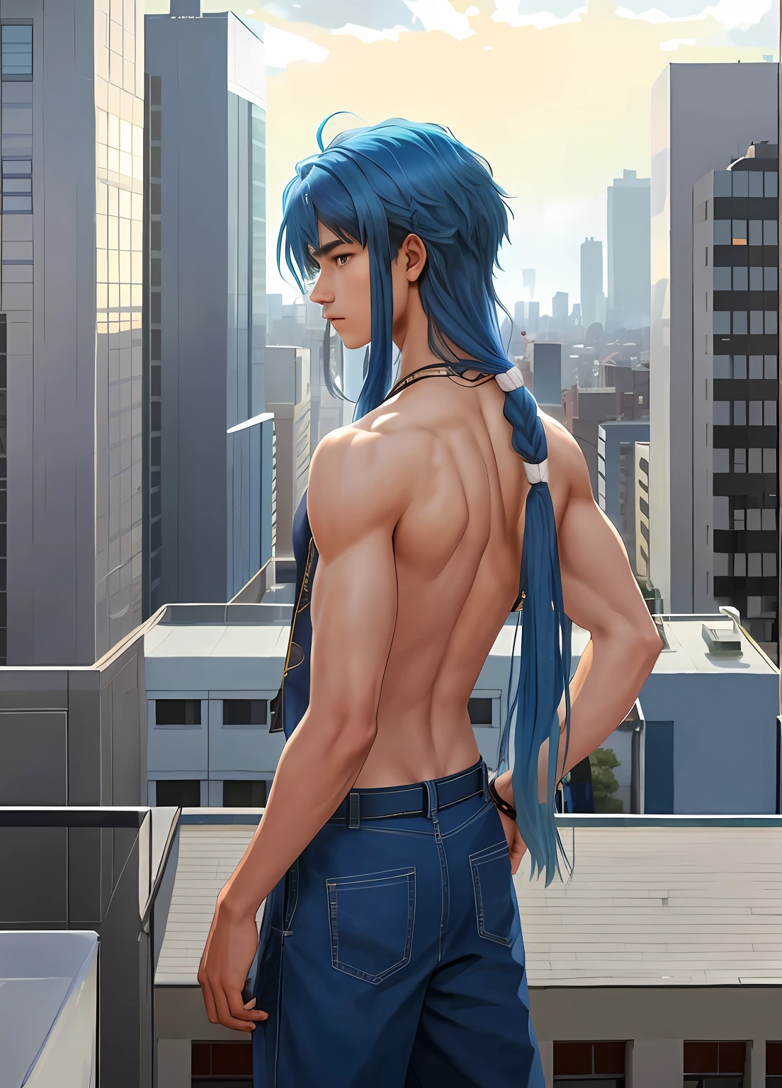 desde atras, From straight blue hair to looking at a city with his back to the viewer 15-year-old man has no shirt has a naked torso his hair is straight long Latin skin copper face mestizo, tiene traje tribal africano esta en el tejado de la secundaria mirando una cercana ciudad mira con miedo pensativo, (tercer plano cuerpo completo(tercer plano)A 15-year-old boy looking at the city turns his back to the shirtless camera with long blue hair and mestizo brown skin rasgoz stands on the fifth floor on the roof of the high school looking at a city in the distance.............