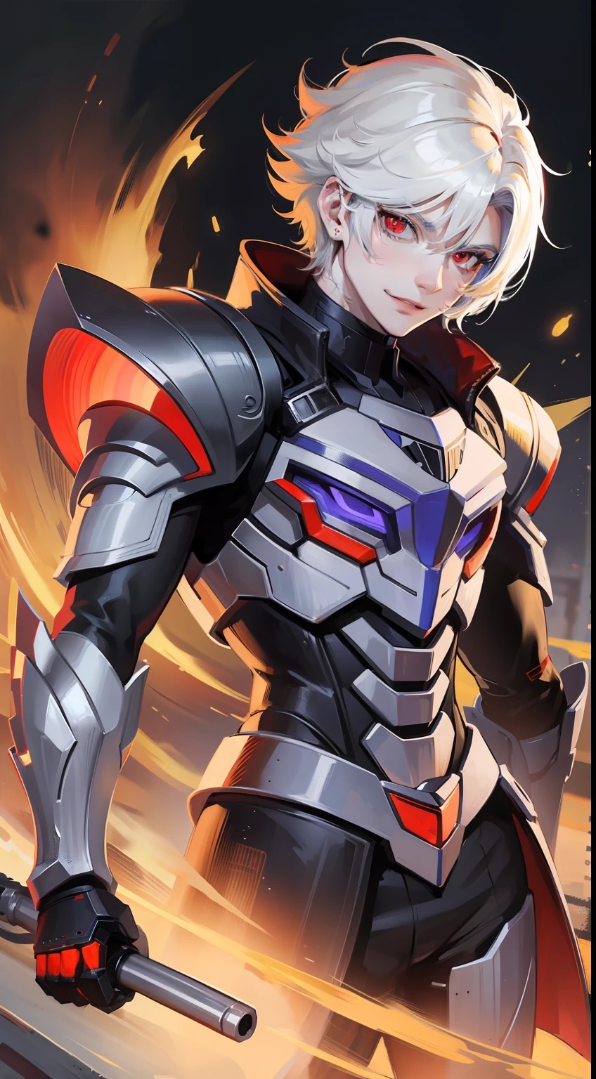 adult man, short white hair, red eyes, Decepticon armor, Starskrim, smirk, flying, Masterpiece, hiquality