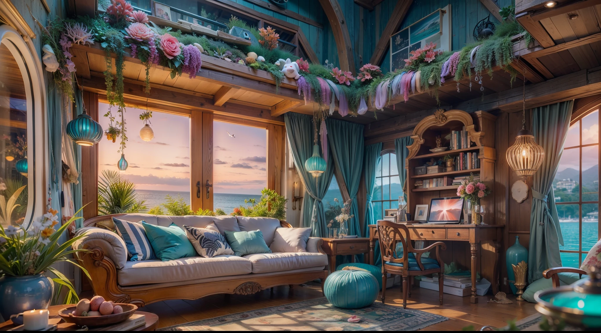 A magical underwater abode、A coral mansion with iridescent colors、Luminescent dwelling、Fantastic dwelling、Mysterious sea hut。 high details, Best Quality, hight resolution, in 8K
