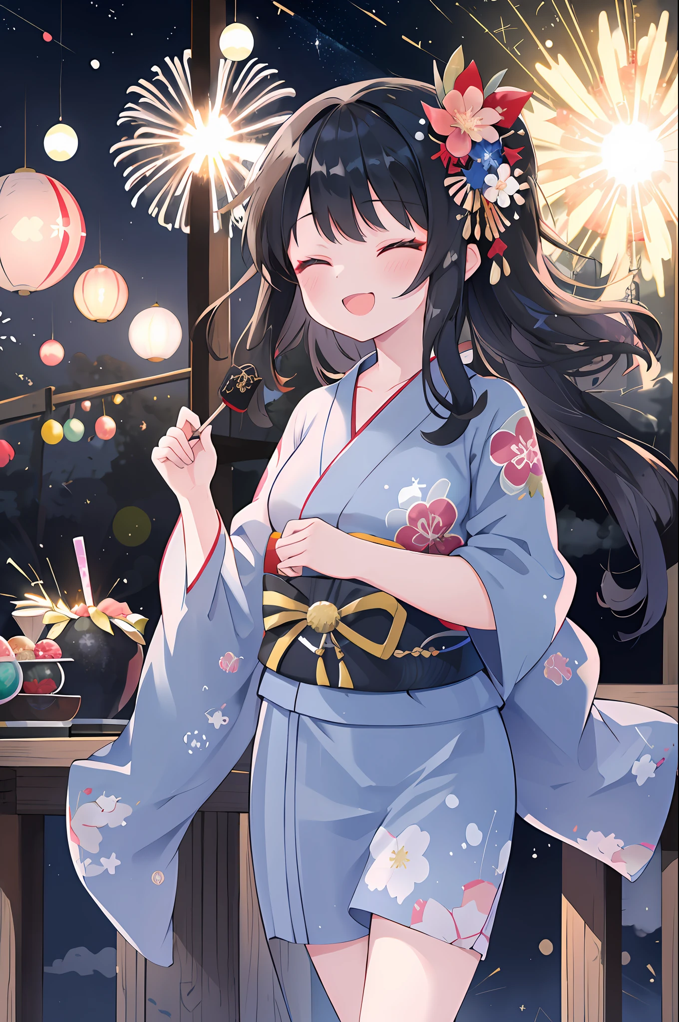 1 girl in、Long black hair、Hair swaying in the wind、floral Yukata、Summer Festivals、((Turn around))、Looking at the camera、navy blue yukata、Smile with open mouth、closed eyes smile、sparklers、Festival stalls、(High resolution of the highest quality)、((masterpiece best quality:1.2)), [[Bad face]], [[Multiple fingers]], [[[multiple limbs]]]