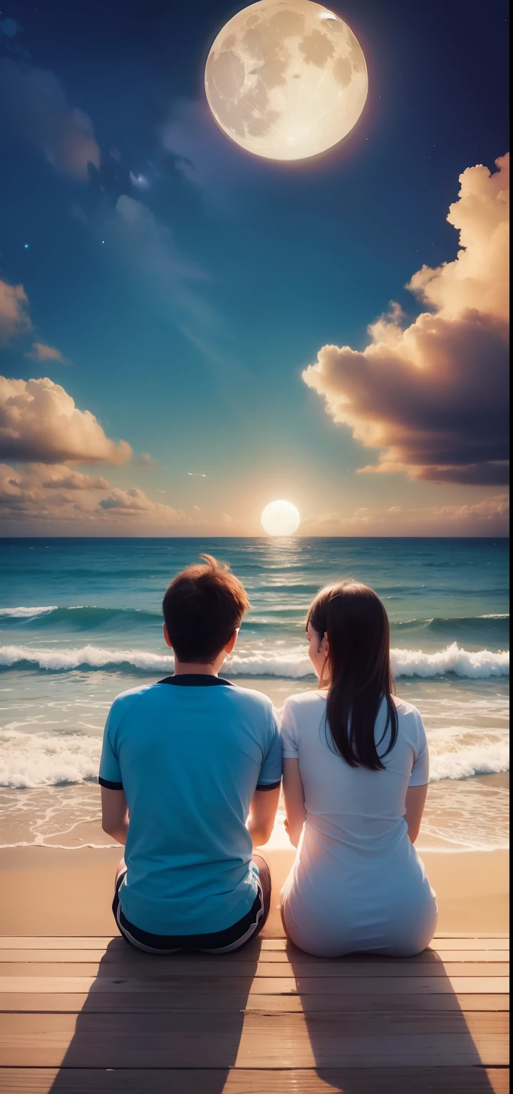 Boy and girl sitting in the beach with brightest moon,8k wallpaper, ultrahd