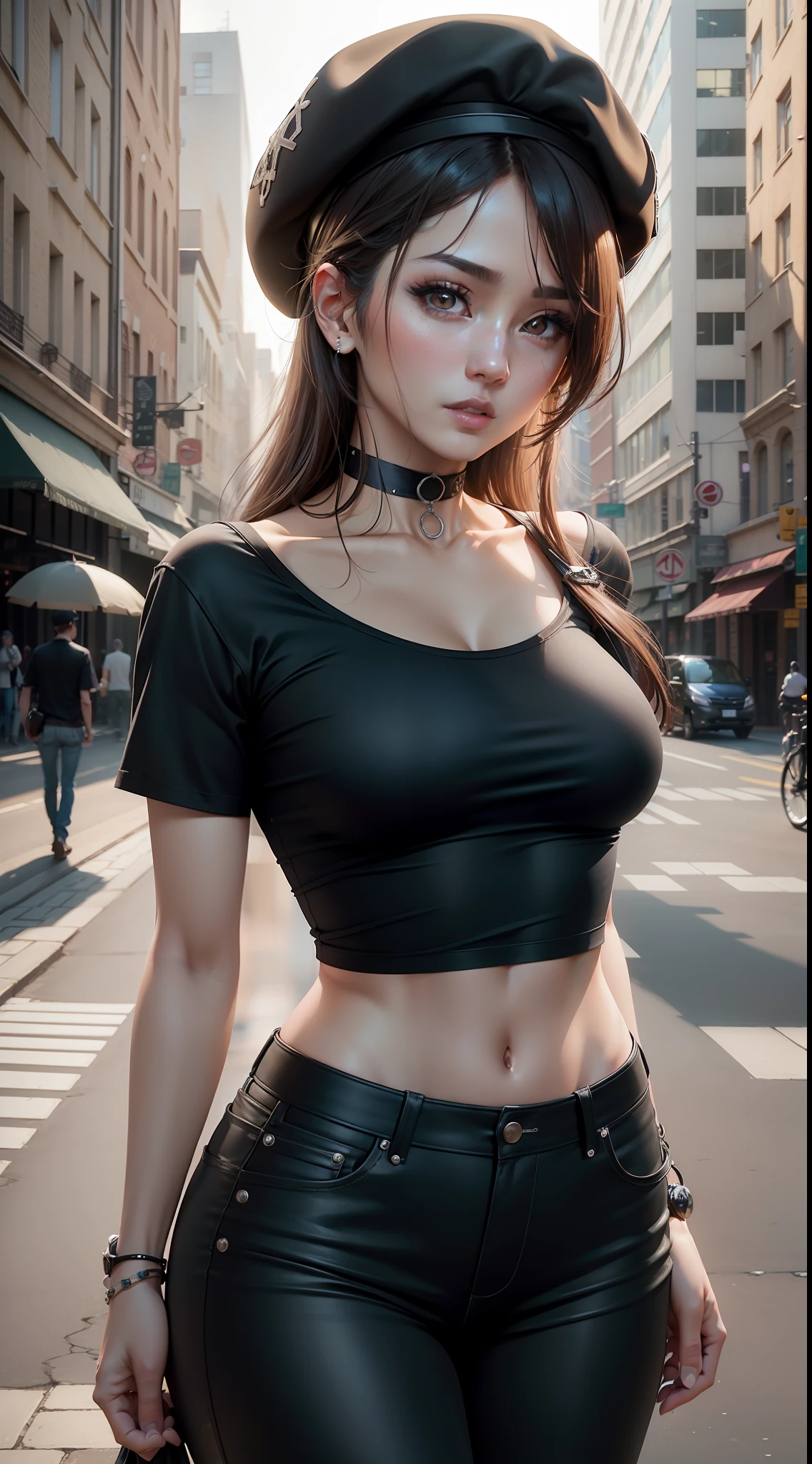 apinkhayoung, urban, streets, (day:1.1), RAW,(8k, best quality, masterpiece:1.2),(intricate details:1.4),(photorealistic:1.4),octane render, complex 3d render ultra detailed, studio soft light, rim light, vibrant details, ultra detailed, realistic skin texture, detailed face, beautiful detailed eyes, extremely detailed CG unity 8k wallpaper, makeup, (detailed background:1.2), (cowboy shot:1.2),(perfect anatomy:1.2),(wide hip:1.1),(black t-shirt, pants, choker, beret:1.2),