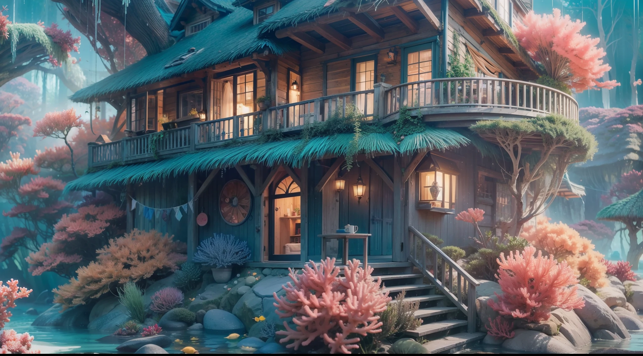 A magical underwater abode、A coral mansion with iridescent colors、Luminescent dwelling、Fantastic dwelling、Mysterious sea hut。 high details, Best Quality, hight resolution, in 8K
