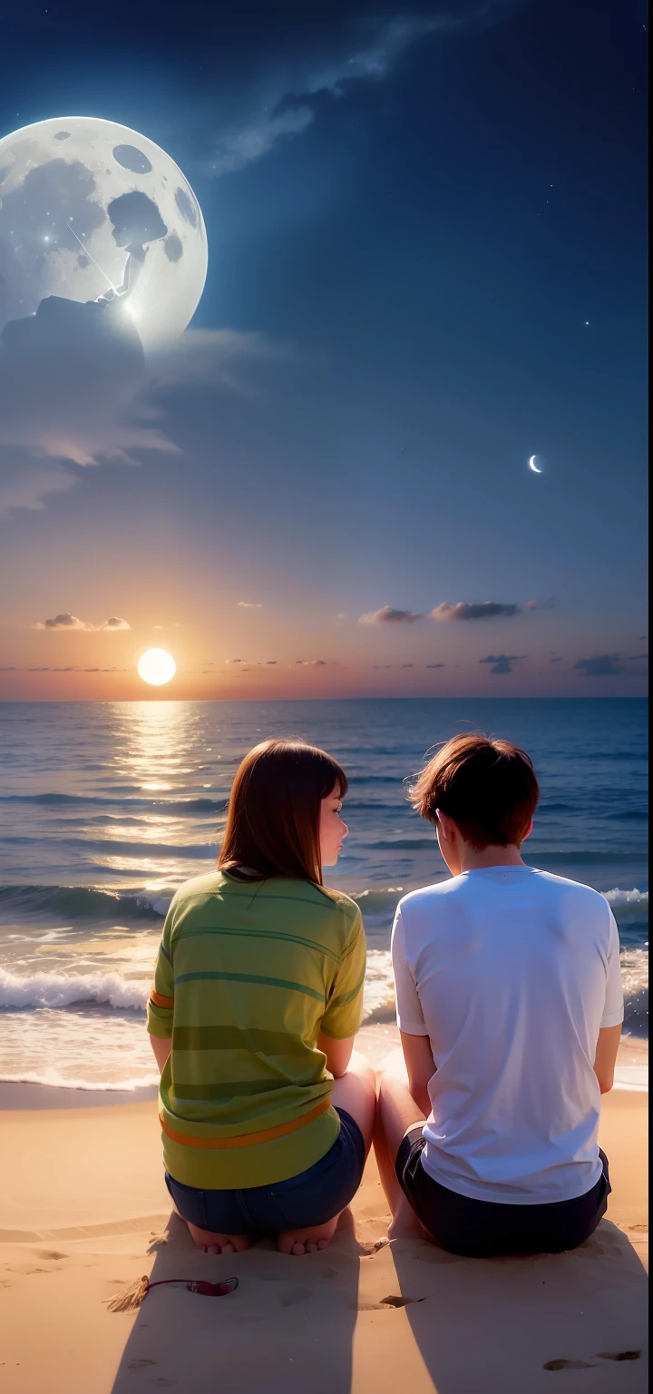 Boy and girl sitting in the beach with brightest moon,8k wallpaper, ultrahd