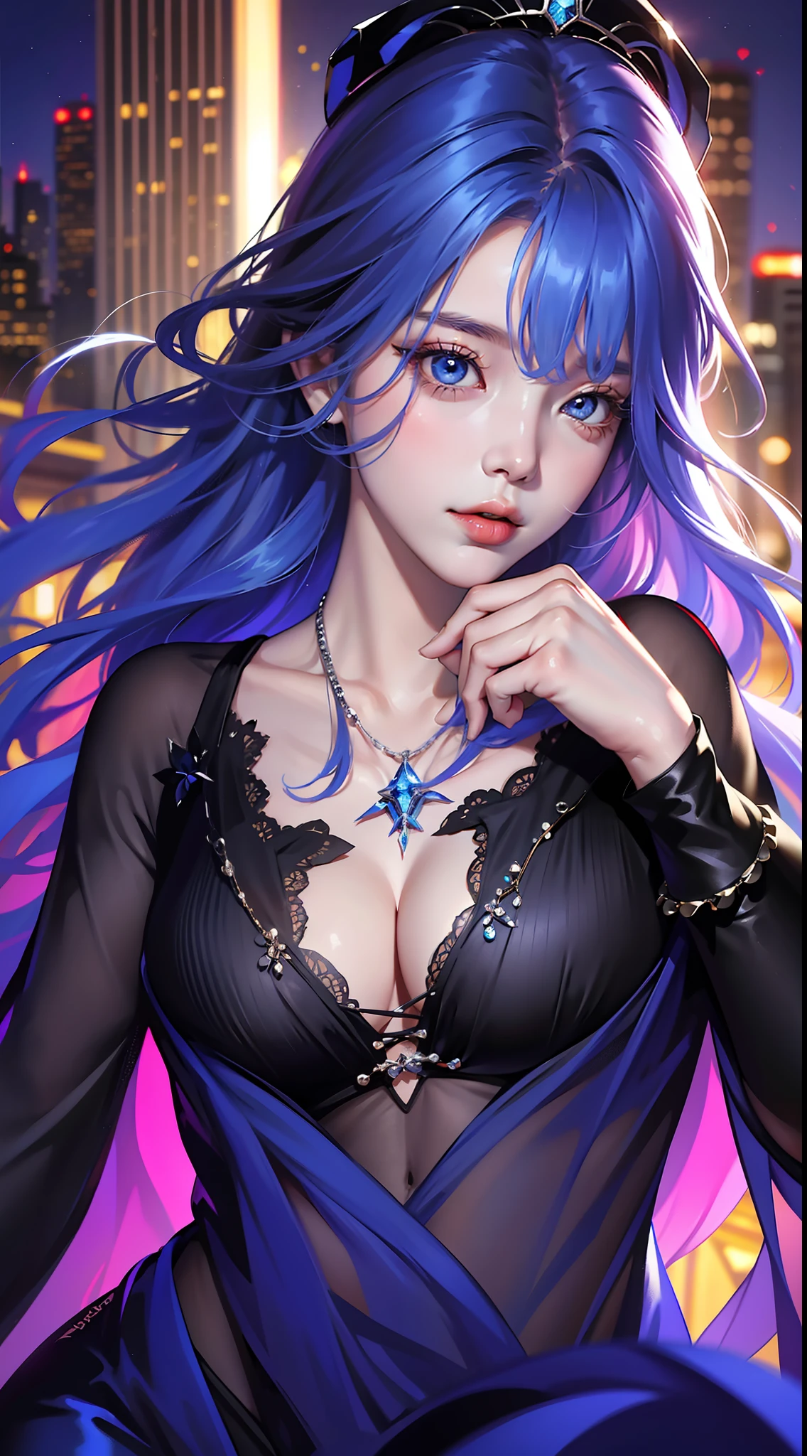 tmasterpiece,best qualtiy,8K,k hd,1girll,Human maiden,12year old,Young,Chu Chu pitiful,(((Blue curly hair))),By bangs, Bigchest,Eyes sparkle,(glowing light eyes:1.233),dressed as Spider-Man,Expose cleavage,(beautiful and detailed eye:1.1),Blushlush,Beautiful cityscape,the night,(((cowboy lens)))
