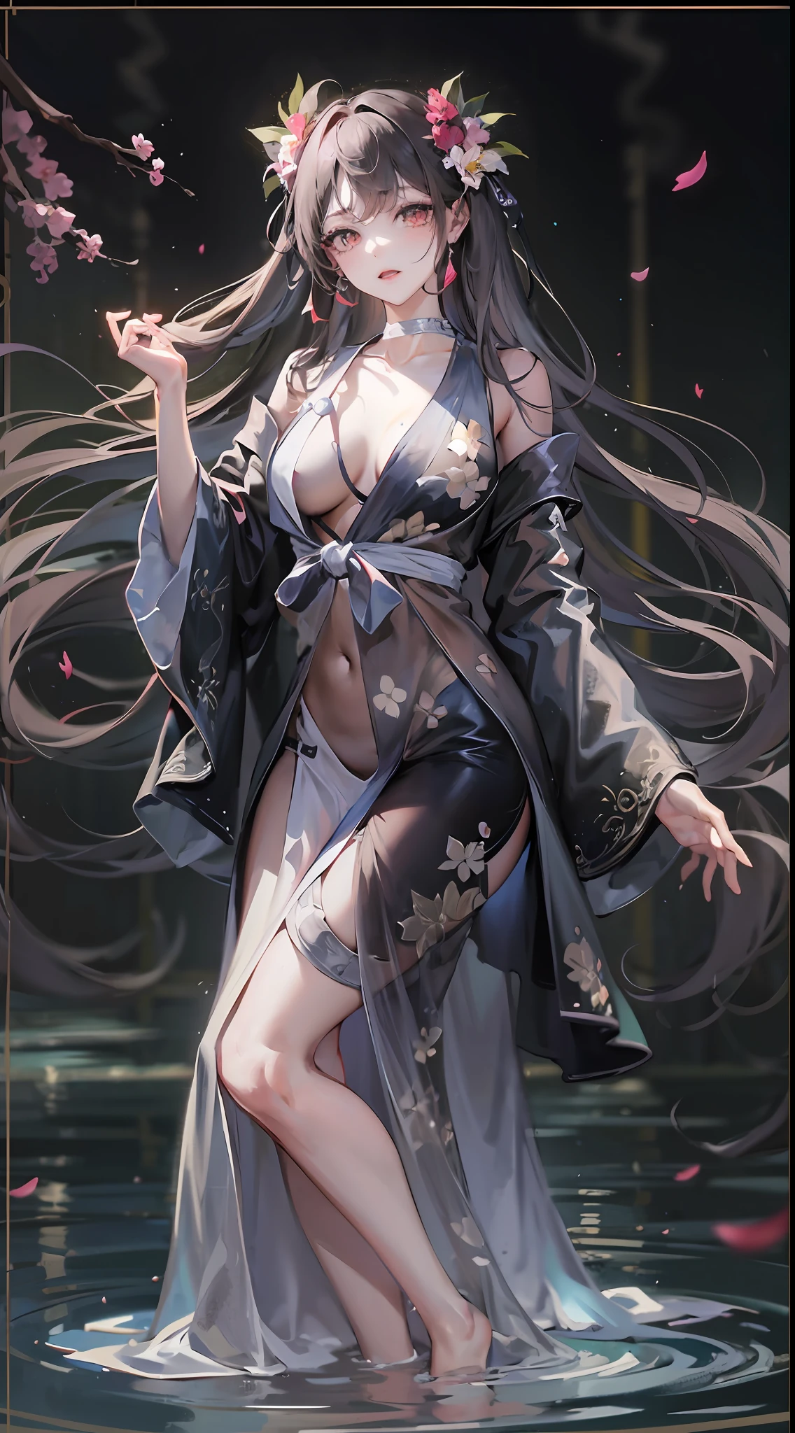 Loose clothing、cropped shoulders、Dark string dress、How to wear a black dress、Decorated with intricate patterns and bright colors、transparent materials,Makes skin shiny、The art depicts seductive female dresses in damp cloths and transparent skin, Floral and dreamy patterns,Traditional transparent skin with a flowing silky smoothness。Her dress draped elegantly over her curvaceous figure、Emphasize her captivating silhouette。She is a gentle night of fireworks、Dynamic posing、sexyposture、Bask in soft moonlight。The scene is、With a touch of mystery and sexiness、It exudes an ethereal dreamy atmosphere。The image style is、It combines watercolor and digital illustration techniques.、Let you feel the exquisite beauty and charm。soft moonlight lighting、casting soft highlights and shadows on her charming features。Dynamic posing、Bold Pose、The hand is somewhere、ssee-through、show through、A sexy、Wet hair、Wet、(the cherry trees、Flower petals、SakuraNS、the cherry trees、Sakura Blizzard 1.5)、submerged、Transparent skin、Wet clothes、(Chest 1.2)、Navel Ejection、Swaying in the wind、Burgundy、pale red、(Laziness 1.5)、Lace color、lace choker、choker necklace、Lie on your back on the water、New lining、