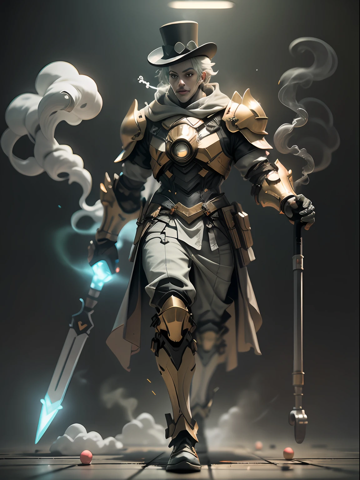 Ghost clown with lollipop, super cool ghost clown, holding crutches, grimace, top hat, green armor, wearing green mechanical armor, smoke surrounding, juggling props, cloud and smoke surrounding, stage lighting atmosphere, glowing eyes, huge lollipop, imposing walking, positive perspective, perfect body proportions, tall figure, tall height, full body photo, super detail, looking up view, IP by pop mart, edge light, avatar, octane rendering, blender, full body, Clean Black Background, 3D, C4D, Best Quality, Very Detailed, Ancient Technology, HDR (High Dynamic Range), Ray Tracing, NVIDIA RTX, Super Resolution, Unreal 5, Subsurface Scattering, PBR Textures, Post Processing, Anisotropic Filtering, Depth of Field, Maximum Clarity and Sharpness, Multi-layer Textures, Albedo and Highlight Maps, Surface Shading, Accurate Simulation of Light-Material Interactions, Perfect Proportions, Octane Rendering, Two-tone Lighting, Low ISO, White Balance, Rule of Thirds, Wide Aperture, 8K RAW, high efficiency sub-pixel, subpixel convolution, luminescent particles, light scattering, Tyndall effect