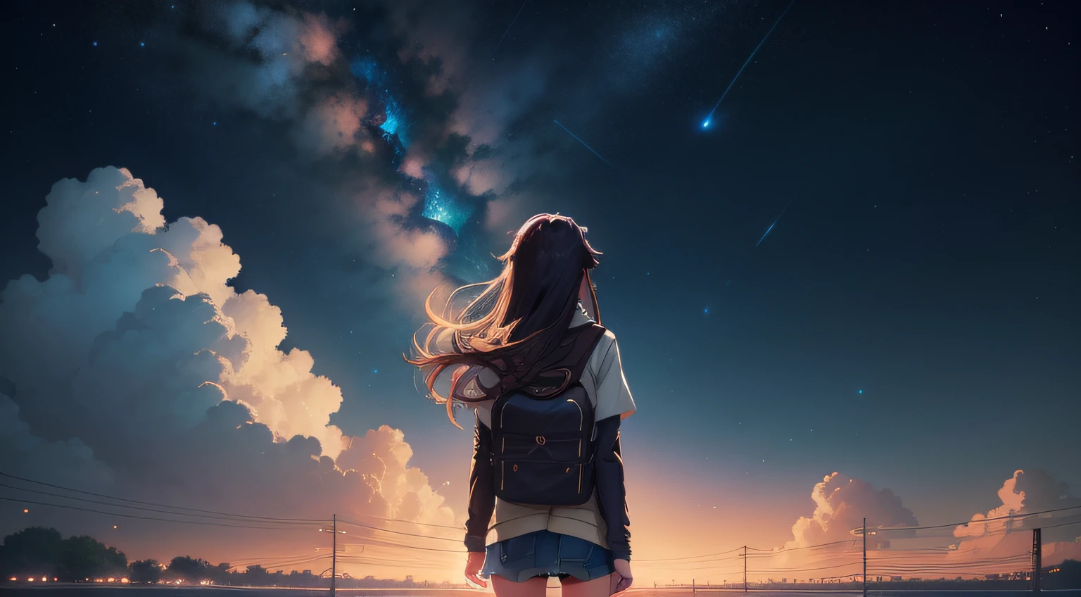 Girl with long hair looking at stars in the sky、facing back、Makoto Shinkai Makoto Cyril Roland、Your name is。Movie style、Your name is。cosmic sky。by makoto shinkai, Anime wallpapers 4 K, anime wallpaper 4 k, Anime Art Wallpapers 8 K, Anime Art Wallpapers 4 k, Anime Art Wallpapers 4k, By Shinkai Makoto!, 4K Anime Wallpapers