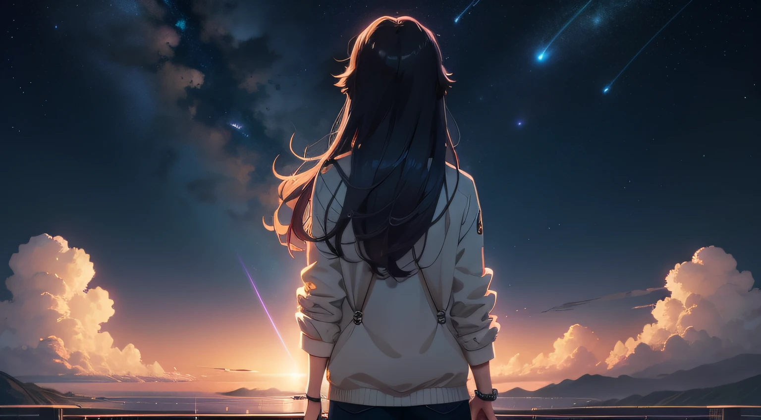 Girl with long hair looking at stars in the sky、facing back、Makoto Shinkai Makoto Cyril Roland、Your name is。Movie style、Your name is。cosmic sky。by makoto shinkai, Anime wallpapers 4 K, anime wallpaper 4 k, Anime Art Wallpapers 8 K, Anime Art Wallpapers 4 k, Anime Art Wallpapers 4k, By Shinkai Makoto!, 4K Anime Wallpapers