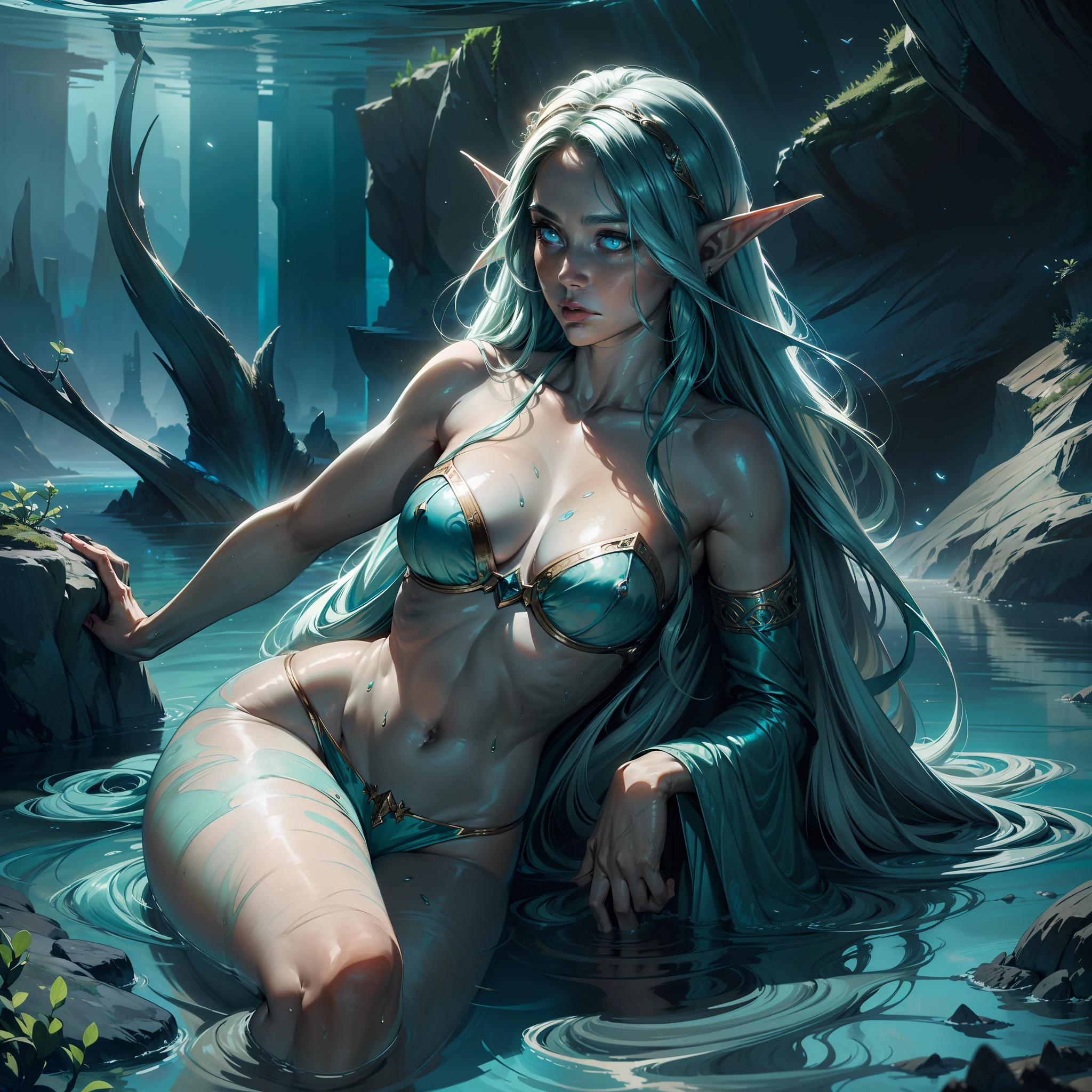 high details, best quality, 8k, [ultra detailed], masterpiece, best quality, (extremely detailed), dynamic angle, ultra wide shot, RAW, photorealistic, fantasy art, dnd art, rpg art, realistic art, an ultra wide picture of a sea elf (1.5 intricate details, Masterpiece, best quality) druid casting ((water control spell)), water wizard ((water magic)), ((contrilong swirling mass of water)), female sea elf, blue skin, green hair, long hair, swirling hair, intense eyes,small pointed eard, ((glowing eyes)), wearing sea shell clothing, beautiful elf, underwater background, rich underwater life, fish and sea weeds, high details, best quality, highres, ultra wide angle