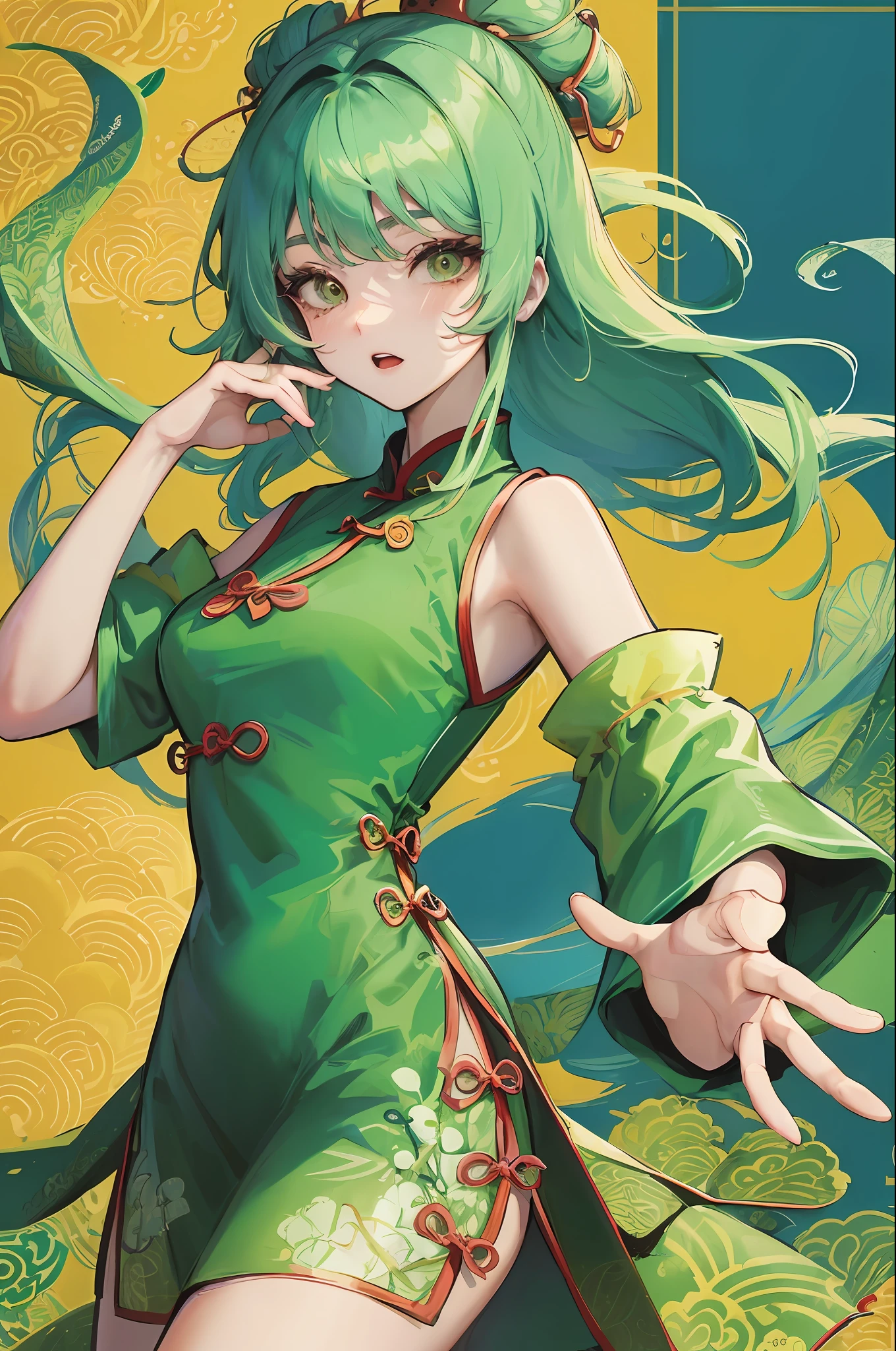 A cartoon illustration of a (girl)in a (Green Chinese style cheongsam)over art by becca doodlefly,in the style of grunge beauty, sandara tang, mixed patterns,text and emoji installations,close up,charming character illustrations, folkloric--S 400
