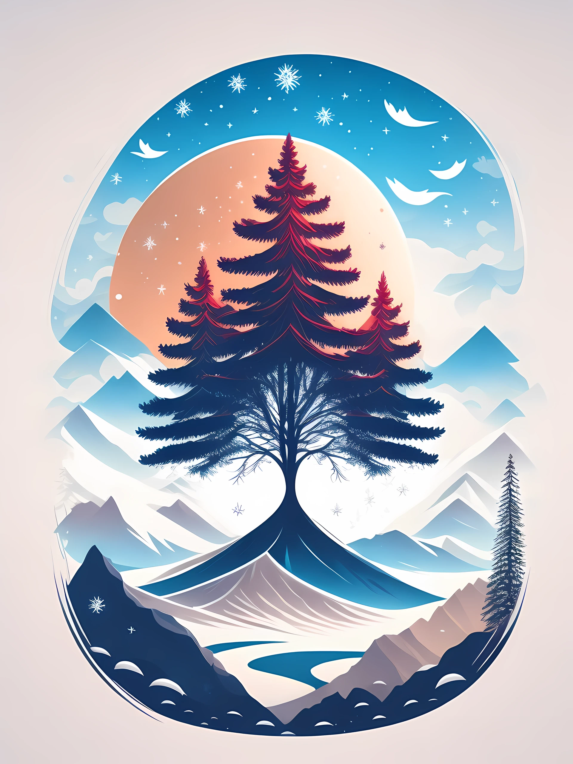 a spruice tree in a winter landscape, tshirt design, rzminjourney, vector-art