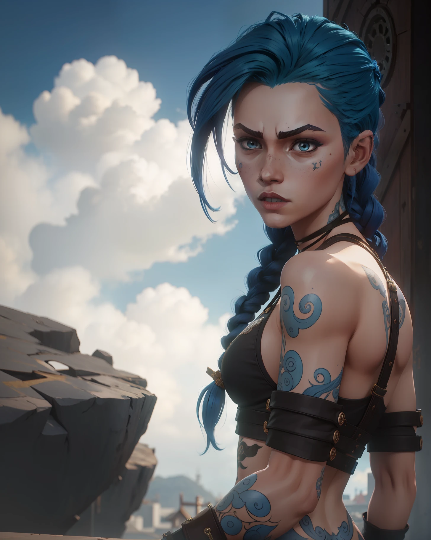 Estilo arcano, 1girl, cloud tattoo on the arm, asymmetrical bangs, franja, cabelo azul, blue braids, camisa marrom, tatuagem de nuvem, lateralmente, cabelo azul, cabelo longo, olhos cor de rosa, red-lips, standingn , tatuagem de nuvem, twin braids. azarar de arcano. azarar. azarar, arcano\(Liga das Lendas\