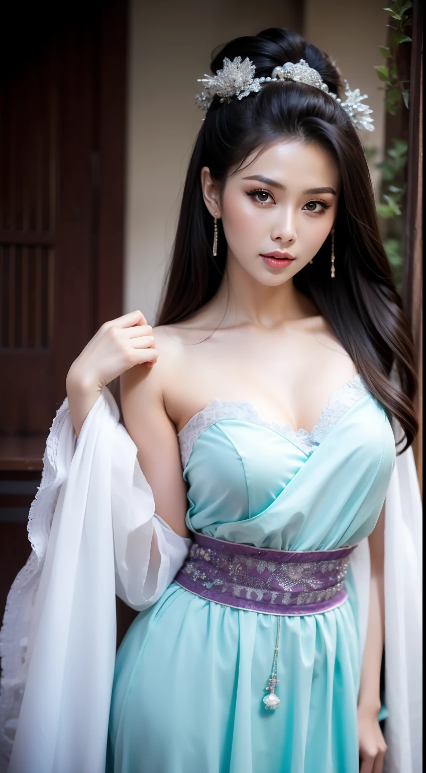 Fashion model 25 years old [[[[closeup cleavage]]]], [[[[boobgasm]]]], [[[[coll]]]], [[[[bshoulders]]]], perfect  eyes, Perfect iris，Perfect lips，perfect teeth，Perfect skin，Soft front light，hdr，Movie girl，Casual；（pastel colour：1.2）