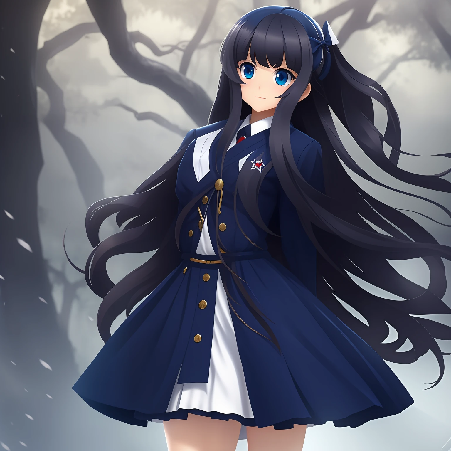 Isolated on white background、Imagine a standing statue in the game。The whole body is shown、It is a one-man position。Standing alone。In a novel game atmosphere、She is a long-haired schoolgirl with black hair, Neat and clean、Wearing a dark blue Japan uniform。
